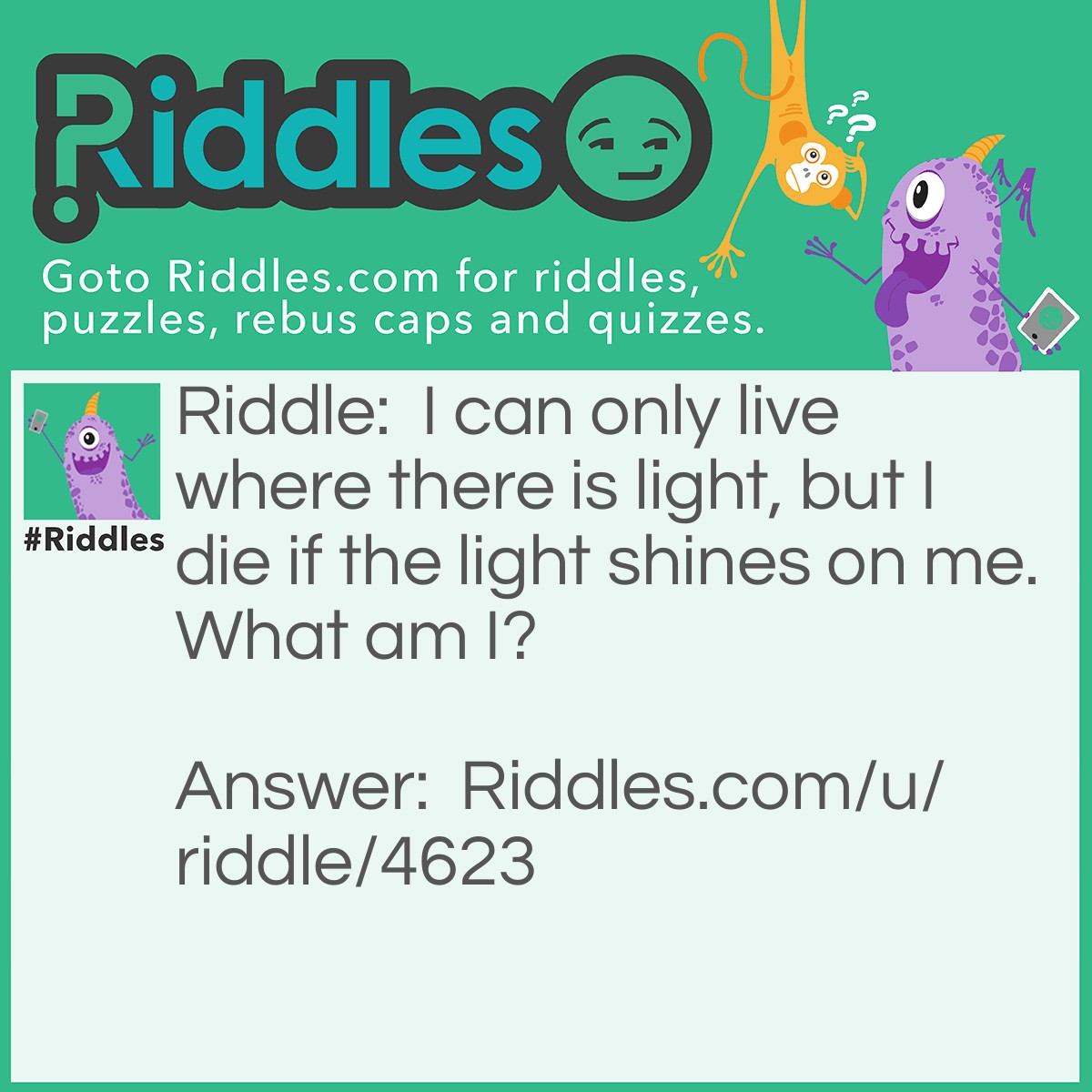 Riddle: I can only live where there is light, but I die if the light shines on me. What am I? Answer: A shadow.