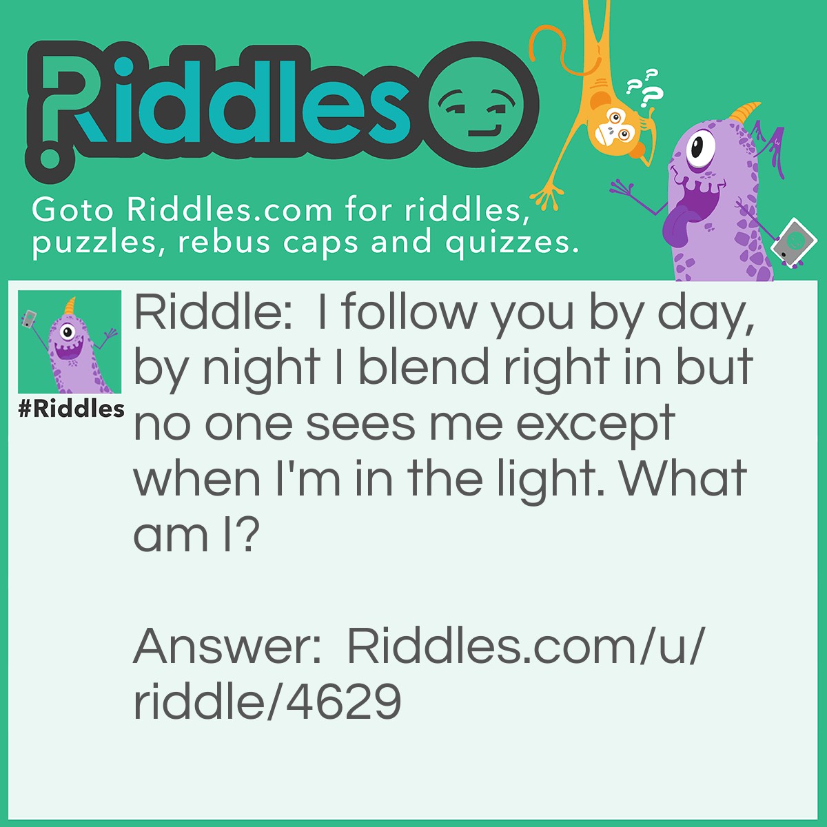 Riddle: I follow you by day, by night I blend right in but no one sees me except when I'm in the light. What am I? Answer: A shadow.