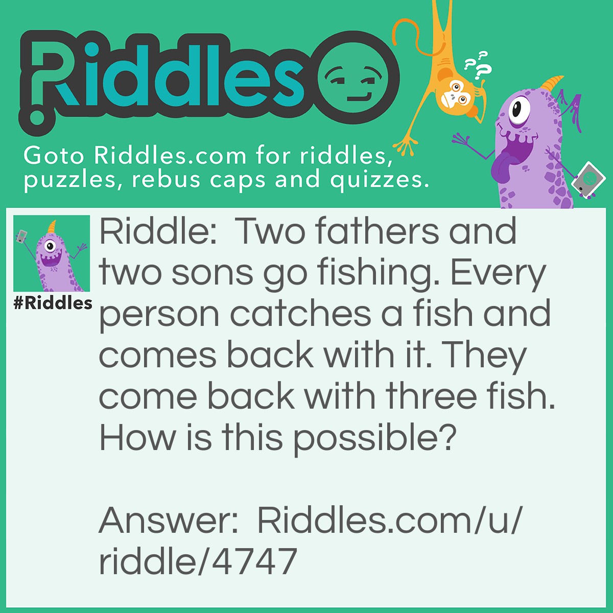 Riddle: Two fathers and two sons go fishing. Every person catches a fish and comes back with it. They come back with three fish. How is this possible? Answer: One is a son, one is a father to the son and a son to his son's grandfather. The grand father is a father. 2 fathers ( grandfather and father)+2 sons (grand son and father)= 3 people. Try put this math trick on your teacher!