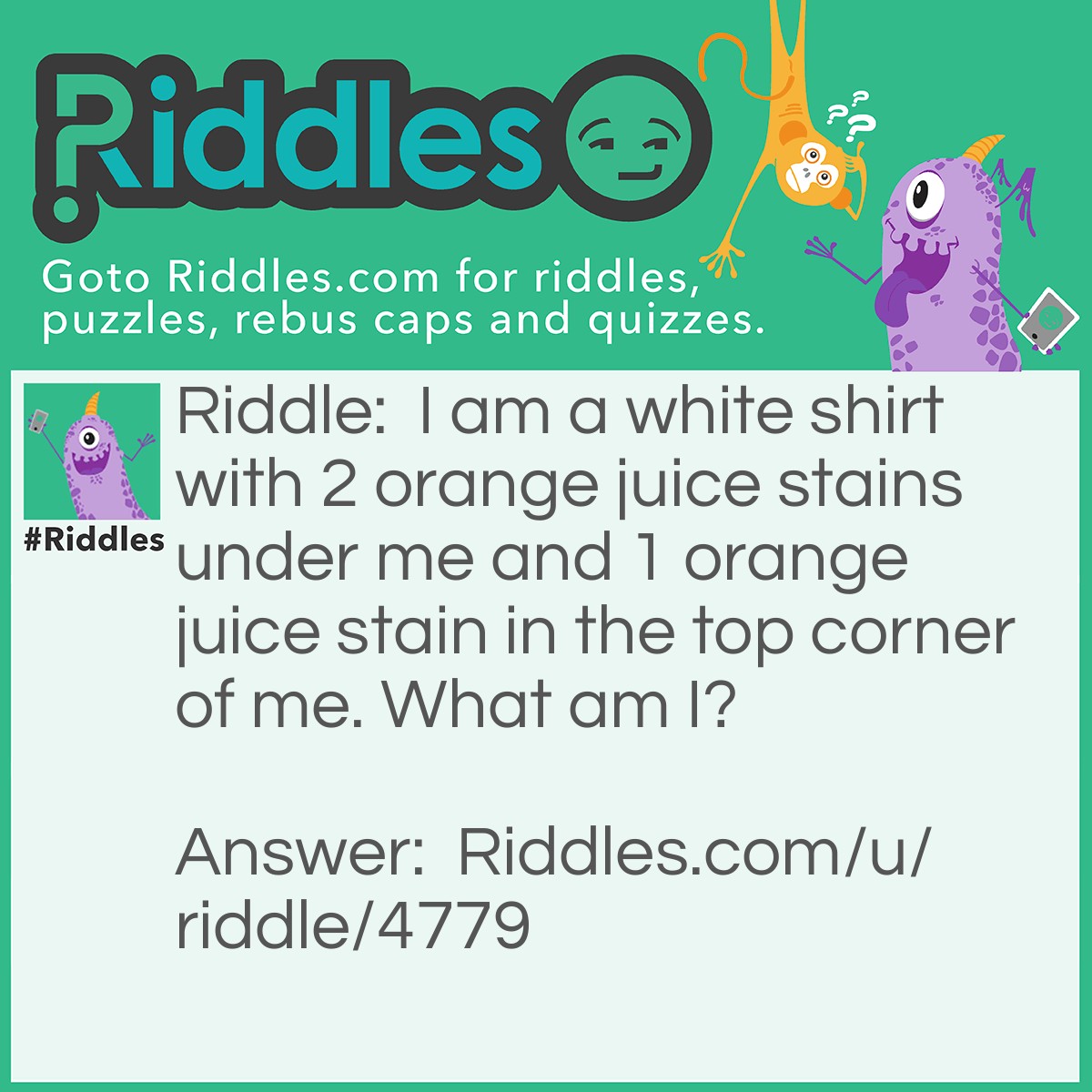 Riddle: I am a white shirt with 2 orange juice stains under me and 1 orange juice stain in the top corner of me. What am I? Answer: A duck.