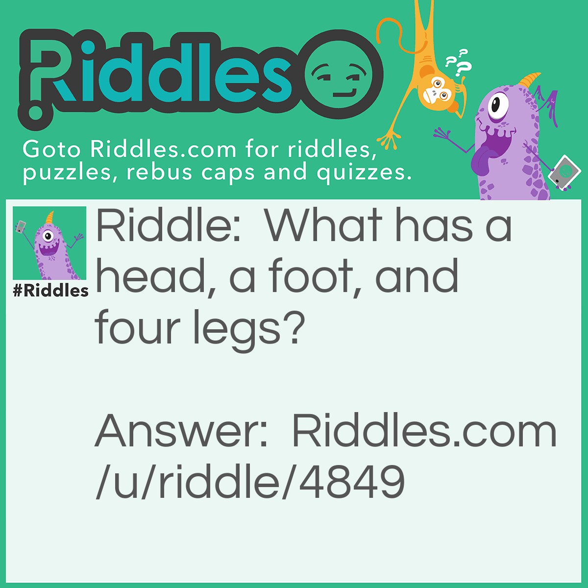 Riddle: What has a head, a foot, and four legs? Answer: A bed!