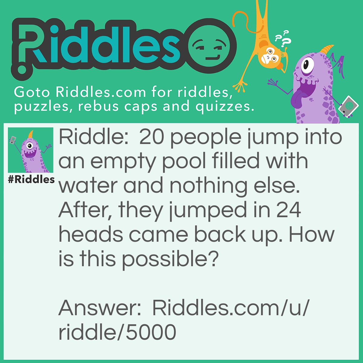 Riddle: 20 people jump into an empty pool filled with water and nothing else. After, they jumped in 24 heads came back up. How is this possible? Answer: There was 20 foreheads.