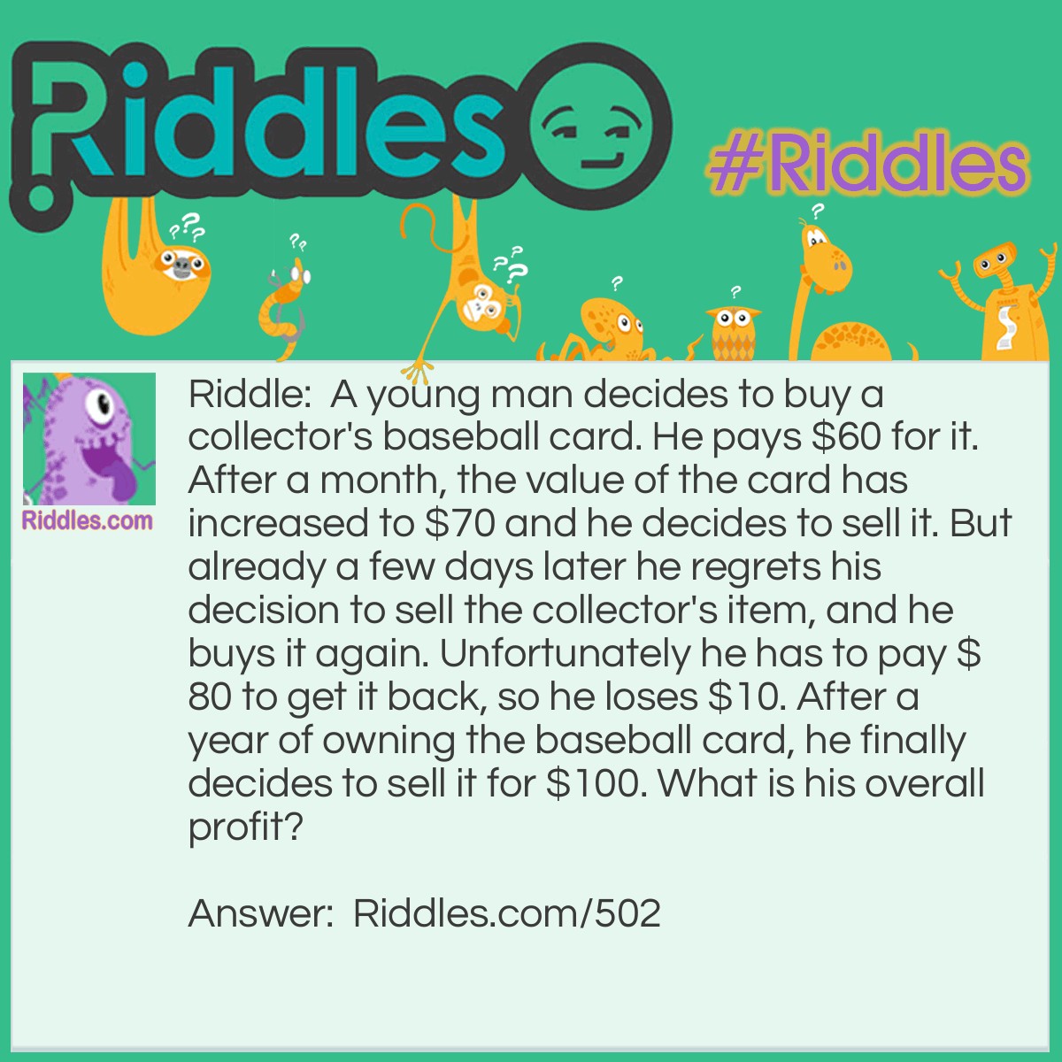 Riddle: A young man decides to buy a collector's baseball card. He pays $60 for it. After a month, the value of the card has increased to $70 and he decides to sell it. But already a few days later he regrets his decision to sell the collector's item, and he buys it again. Unfortunately he has to pay $80 to get it back, so he loses $10. After a year of owning the baseball card, he finally decides to sell it for $100. What is his overall profit? Answer: $30.00. Overall profit, not net profit!