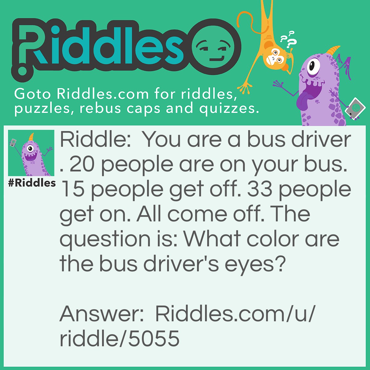 Riddle: You are a bus driver. 20 people are on your bus. 15 people get off. 33 people get on. All come off. The question is: What color are the bus driver's eyes? Answer: Whatever YOUR eye color is!