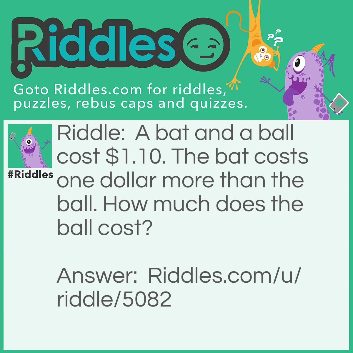Riddle: A bat and a ball cost $1.10. The bat costs one dollar more than the ball. How much does the ball cost? Answer: The ball costs 5c. Not 10c. One dollar more than 10c is $1.10, $1.10 + 10c is $1.20 One dollar more than 5c is $1.05. The sum of which is $1.10