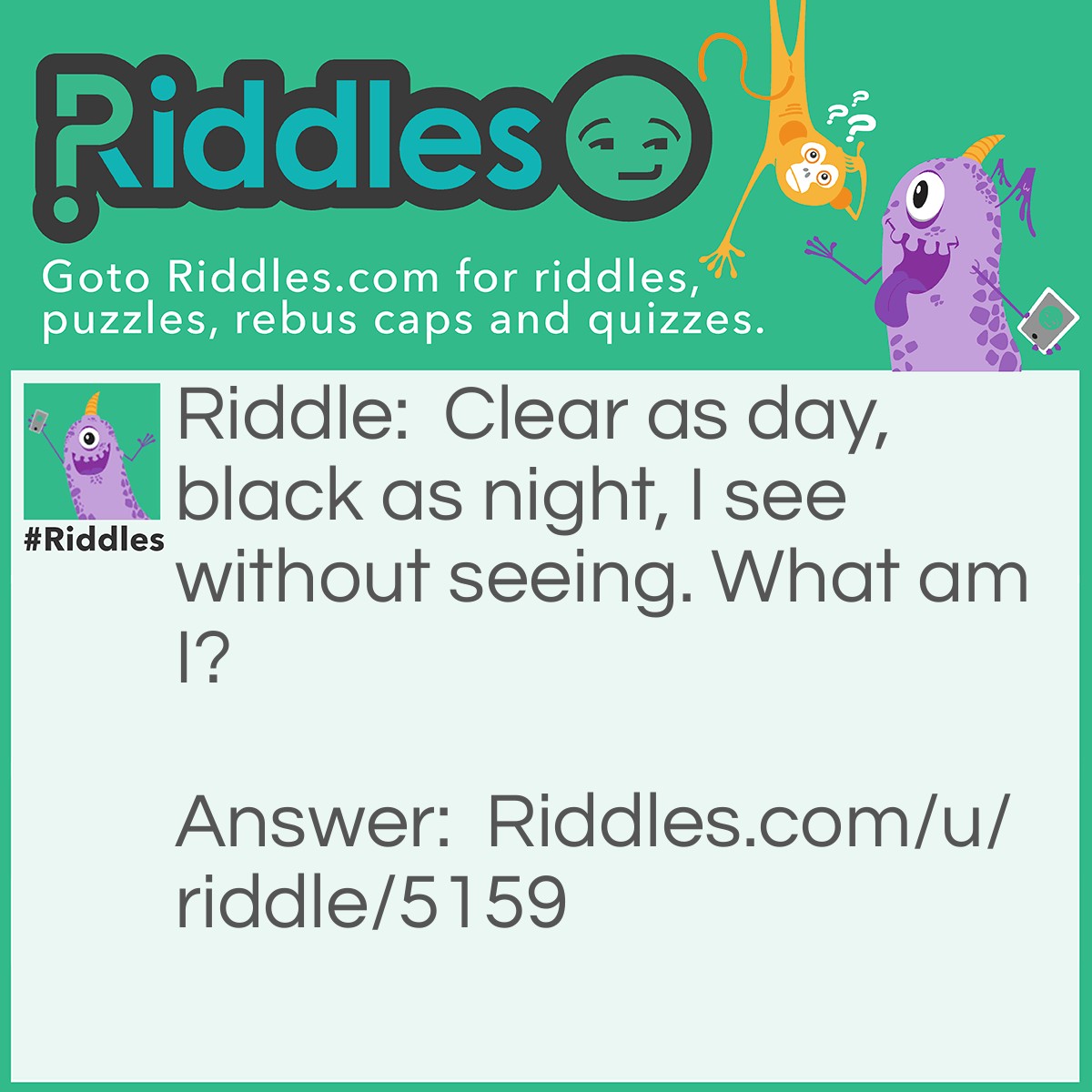 Riddle: Clear as day, black as night, I see without seeing. What am I? Answer: A bat.