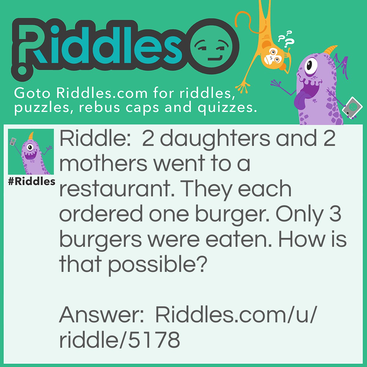 Riddle: 2 daughters and 2 mothers went to a restaurant. They each ordered one burger. Only 3 burgers were eaten. How is that possible? Answer: One of them was a grandmother. The other mother and one daughter is the mom. The daughter is the daughter of the mom.