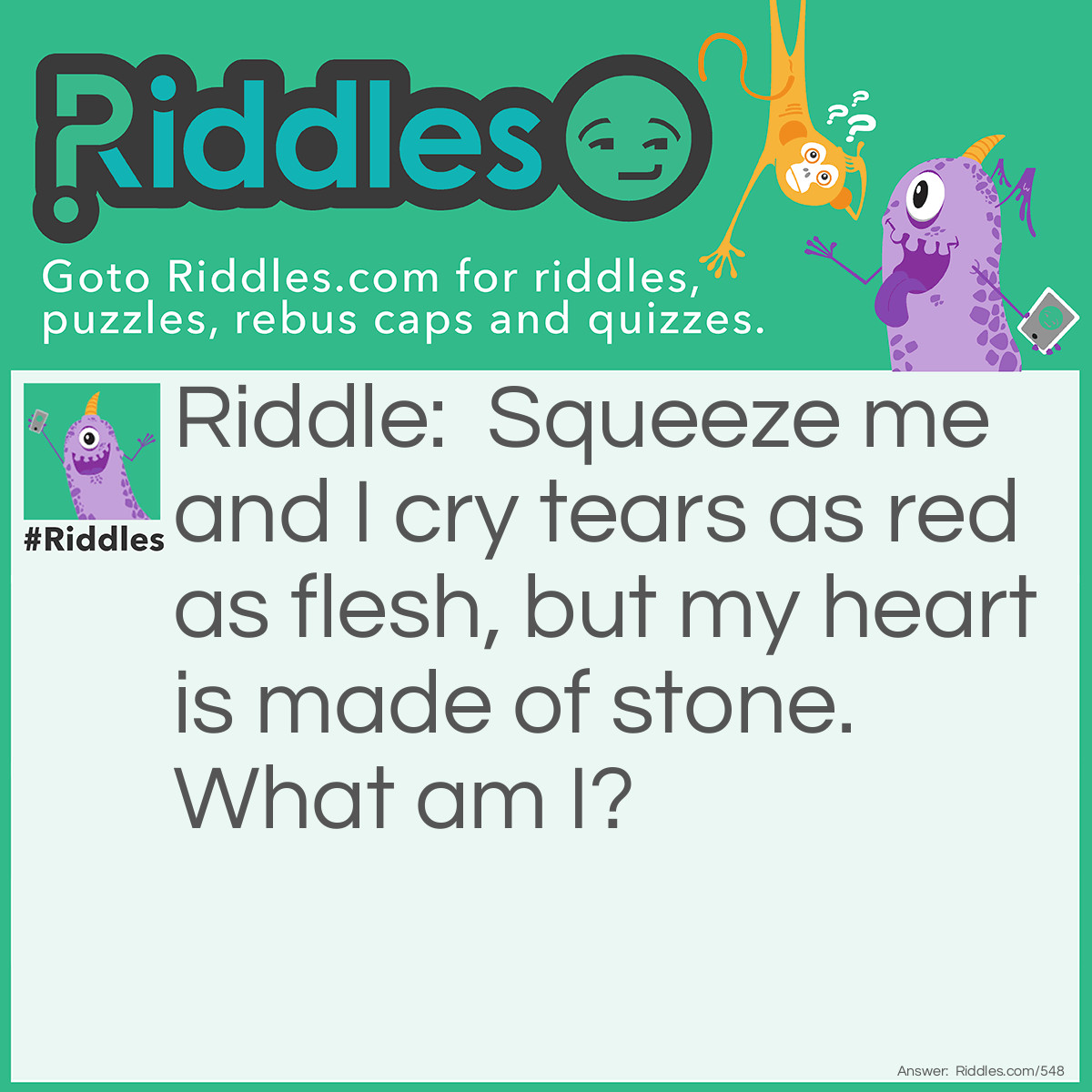 Riddle: Squeeze me and I cry tears as red as flesh, but my heart is made of stone. 
What am I? Answer: A cherry.