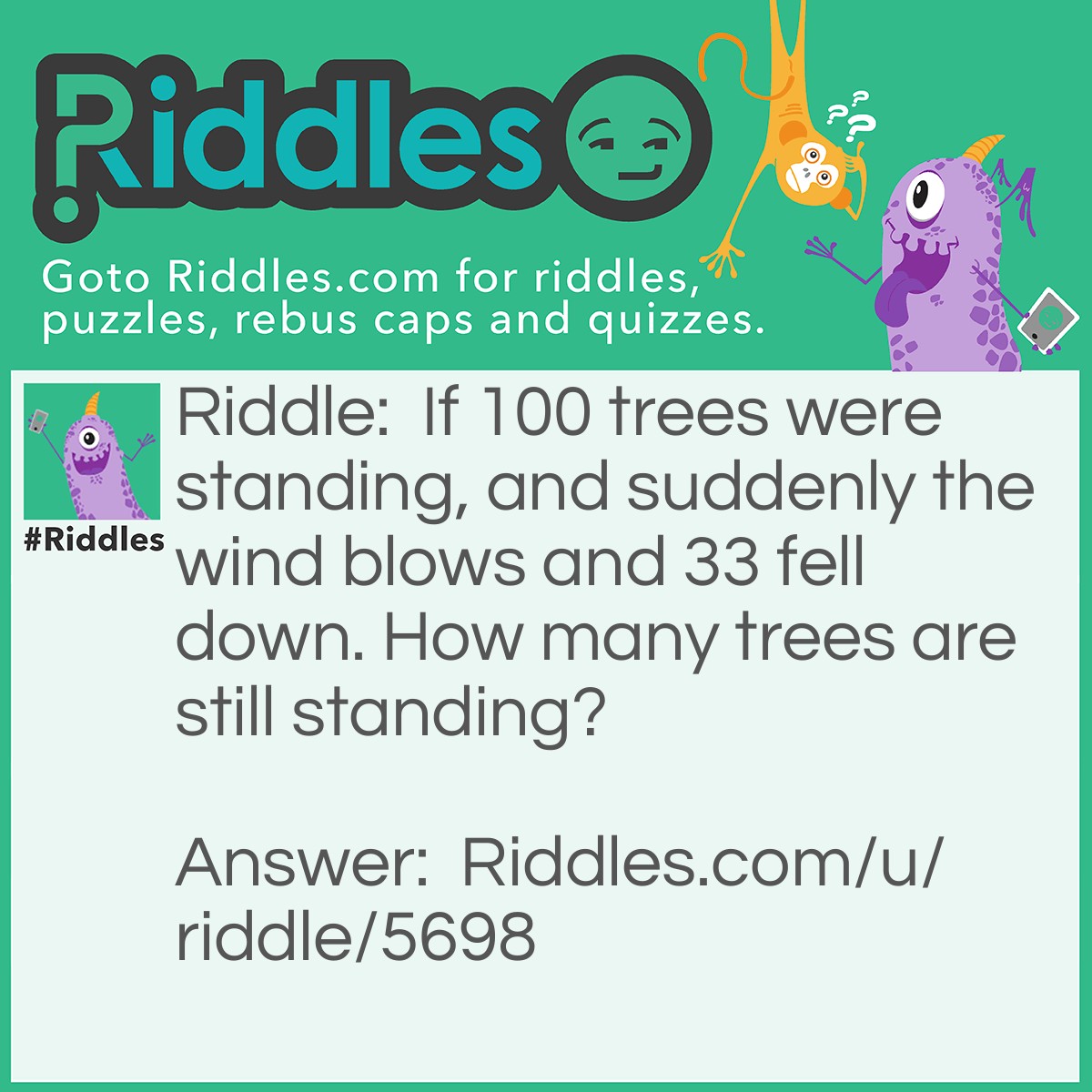 Riddle: If 100 trees were standing, and suddenly the wind blows and 33 fell down. How many trees are still standing? Answer: 70 trees. Let me make it clearer, ''suddenly the wind blows and 30 trees fell down''. so 100 trees - 30 trees = 70 trees.