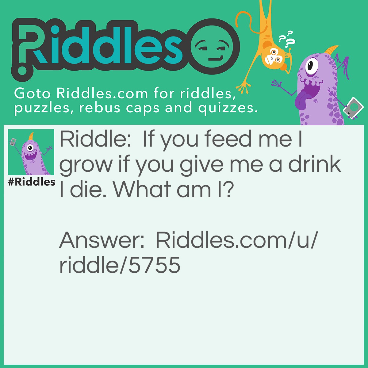 Riddle: If you feed me I grow if you give me a drink I die. What am I? Answer: Fire.