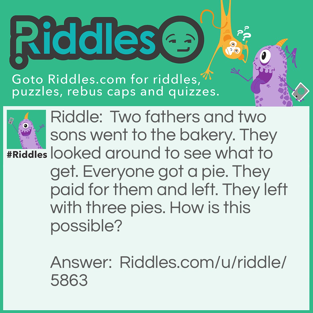 Riddle: Two fathers and two sons went to the bakery. They looked around to see what to get. Everyone got a pie. They paid for them and left. They left with three pies. How is this possible? Answer: One of the men is a grandfather (father to other father) One is a father and one is a boy. (both sons and one father)