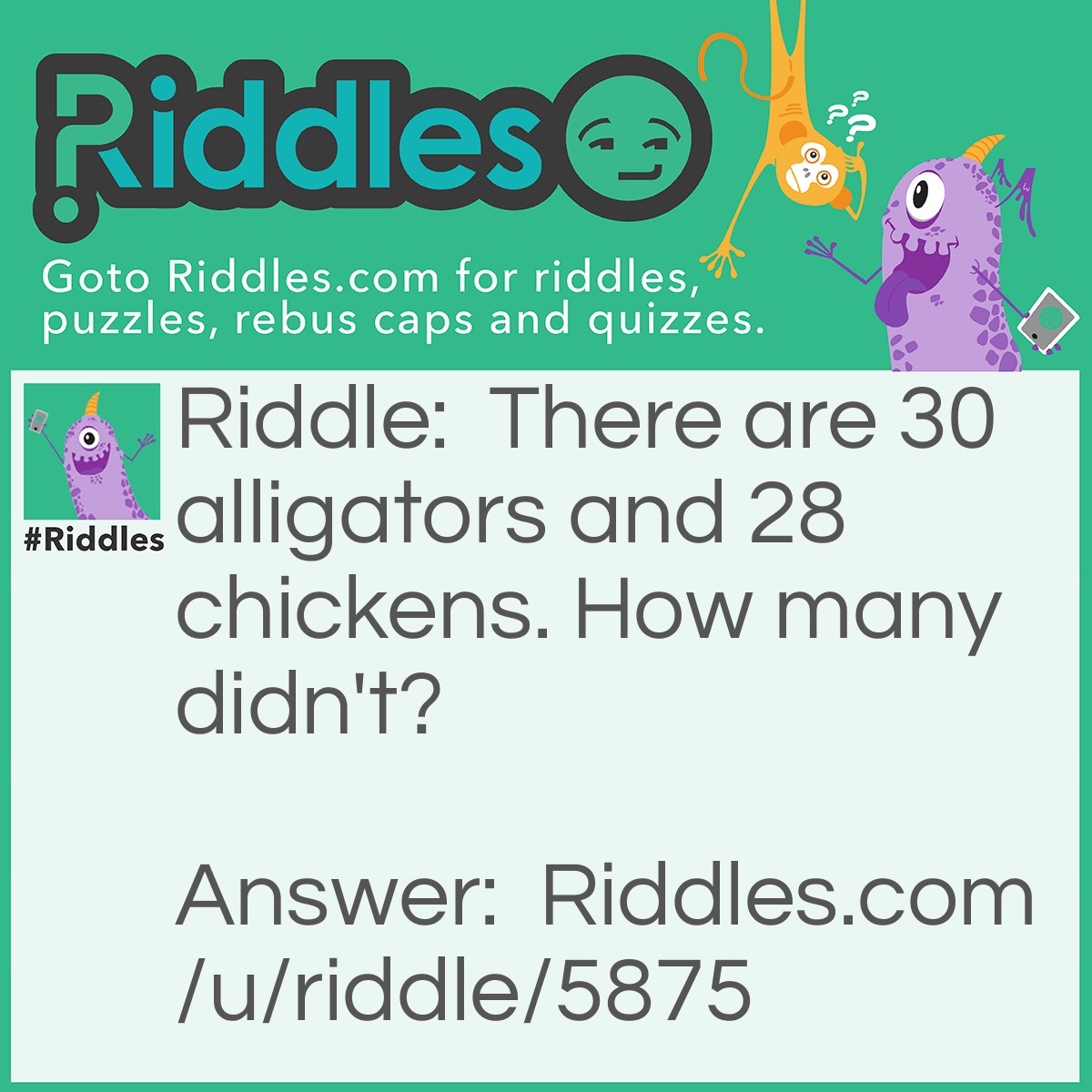Riddle: There are 30 alligators and 28 chickens. How many didn't? Answer: 10. 20 ate chickens not 28.