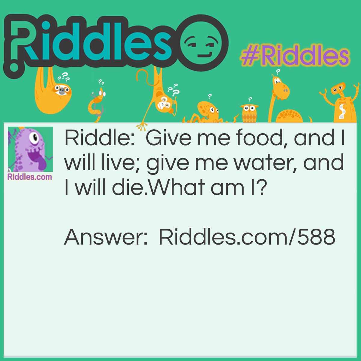 Riddle: Give me food, and I will live; give me water, and I will die.
What am I? Answer: Fire!