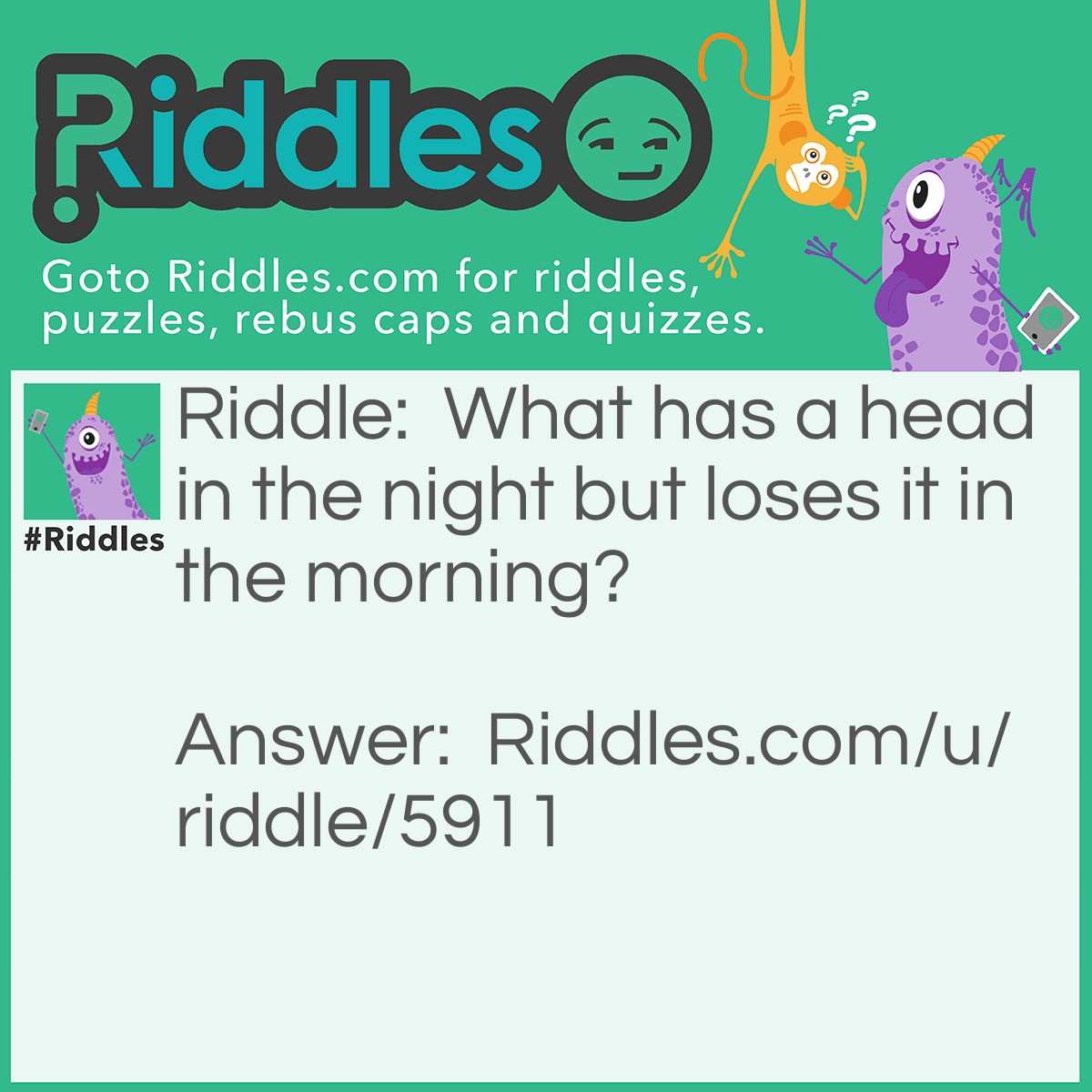 Riddle: What has a head in the night but loses it in the morning? Answer: A pillow.