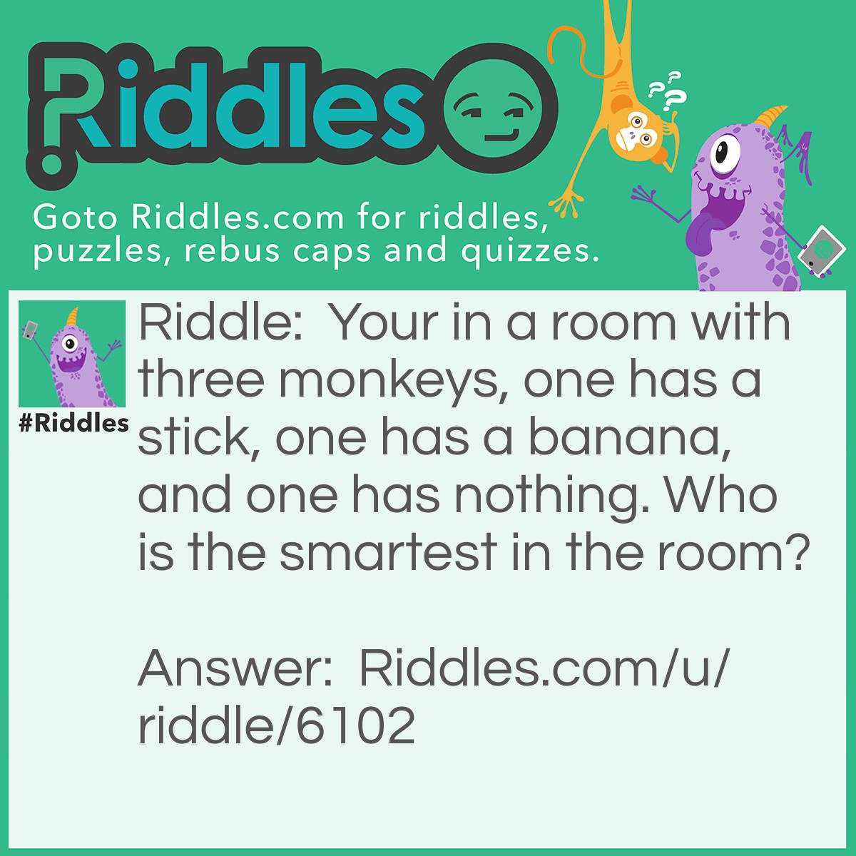 Riddle: Your in a room with three monkeys, one has a stick, one has a banana, and one has nothing. Who is the smartest in the room? Answer: You of course, is a monkey smarter then you?