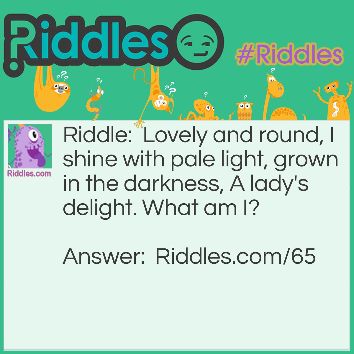 Riddle: Lovely and round, I shine with pale light, grown in the darkness, A lady's delight. What am I? Answer: A Pearl.