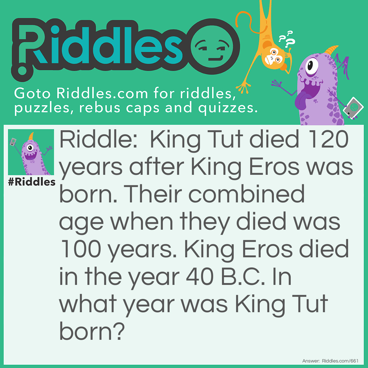 Riddle: King Tut died 120 years after King Eros was born. Their combined age when they died was 100 years. King Eros died in the year 40 B.C. In what year was King Tut born? Answer: King Tut was born in 20 B.C. There were 120 years between the birth of King Eros and the death of King Tut, but since their ages amounted to only 100 years, there must have been 20 years when neither existed. This would be a period between the death of King Eros, 40 B.C., and the birth of King Tut, 20 B.C.