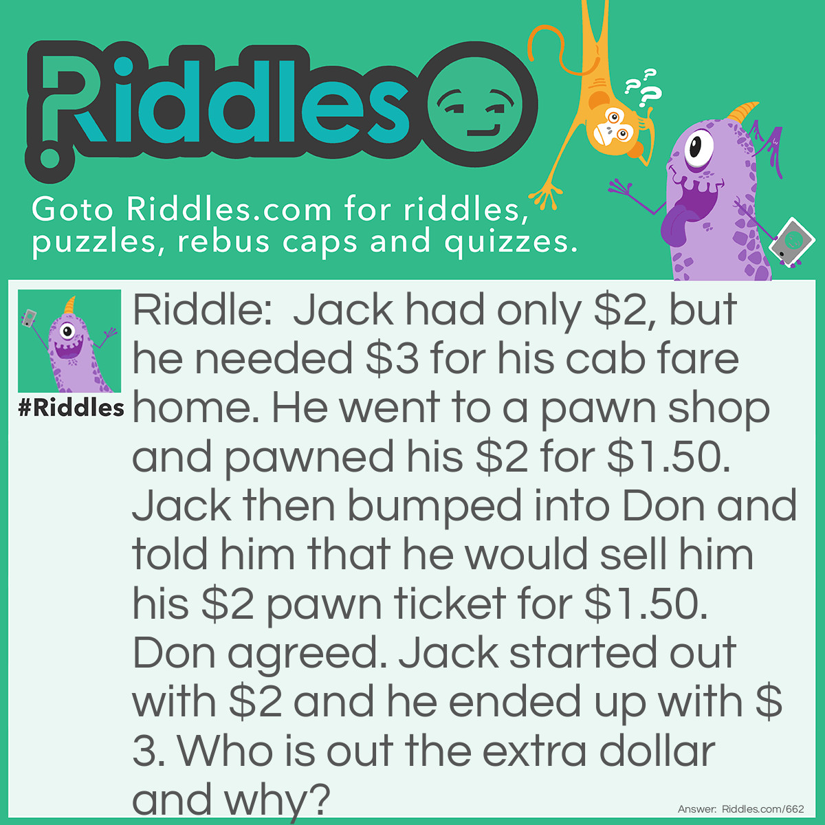 Riddle: Jack had only $2, but he needed $3 for his cab fare home. He went to a pawn shop and pawned his $2 for $1.50. Jack then bumped into Don and told him that he would sell him his $2 pawn ticket for $1.50. Don agreed. Jack started out with $2 and he ended up with $3. Who is out the extra dollar and why? Answer: Don is out the extra dollar. Before the pawn broker will return the $2 to the ticket holder, he will want the $1.50 which he advanced returned to him. Don will give the pawn broker the ticket and the $1.50, and the pawn broker will then return the $2.