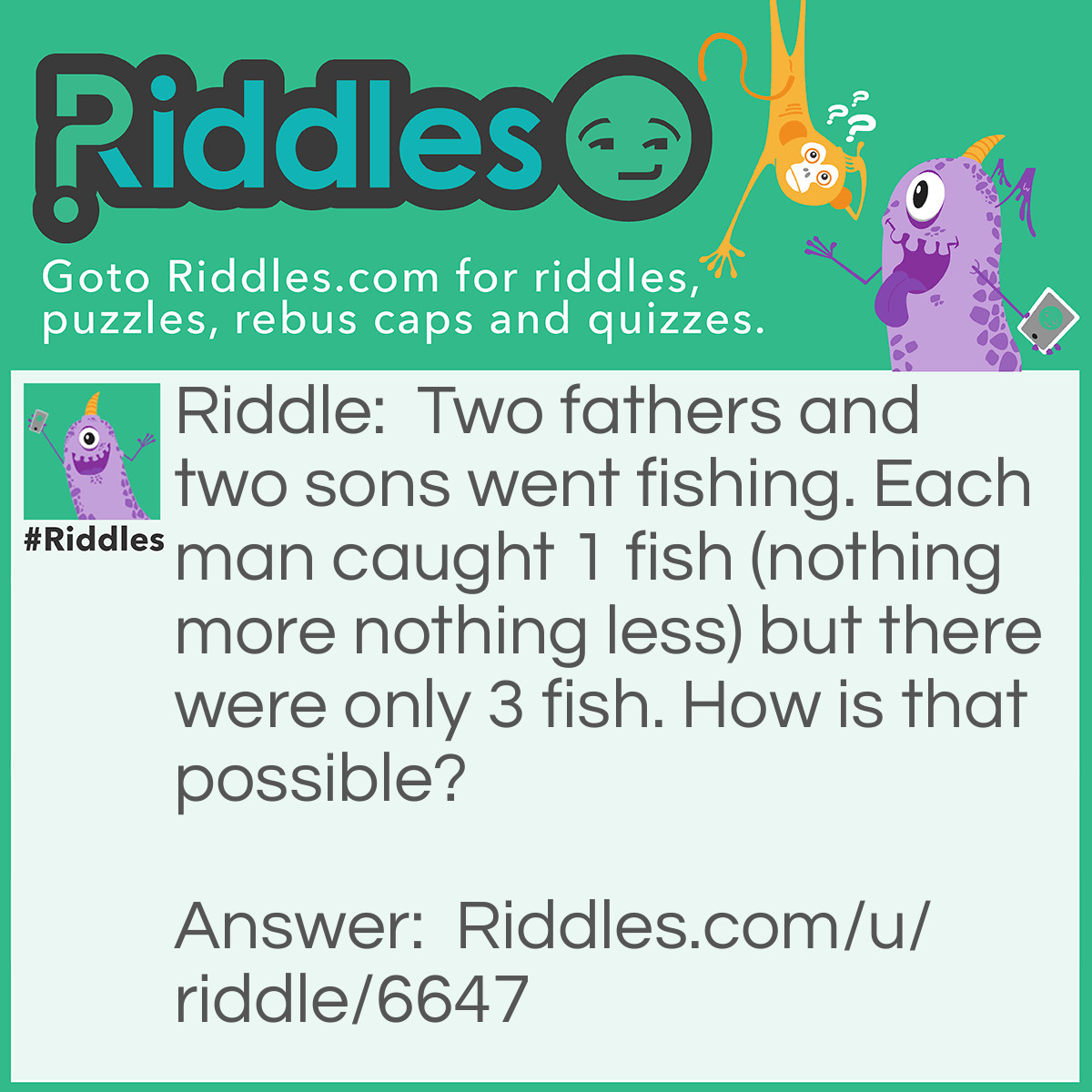 Riddle: Two fathers and two sons went fishing. Each man caught 1 fish (nothing more nothing less) but there were only 3 fish. How is that possible? Answer: There were father, son and grandpa who is a father at the same time.. so it was two fathers and two sons.