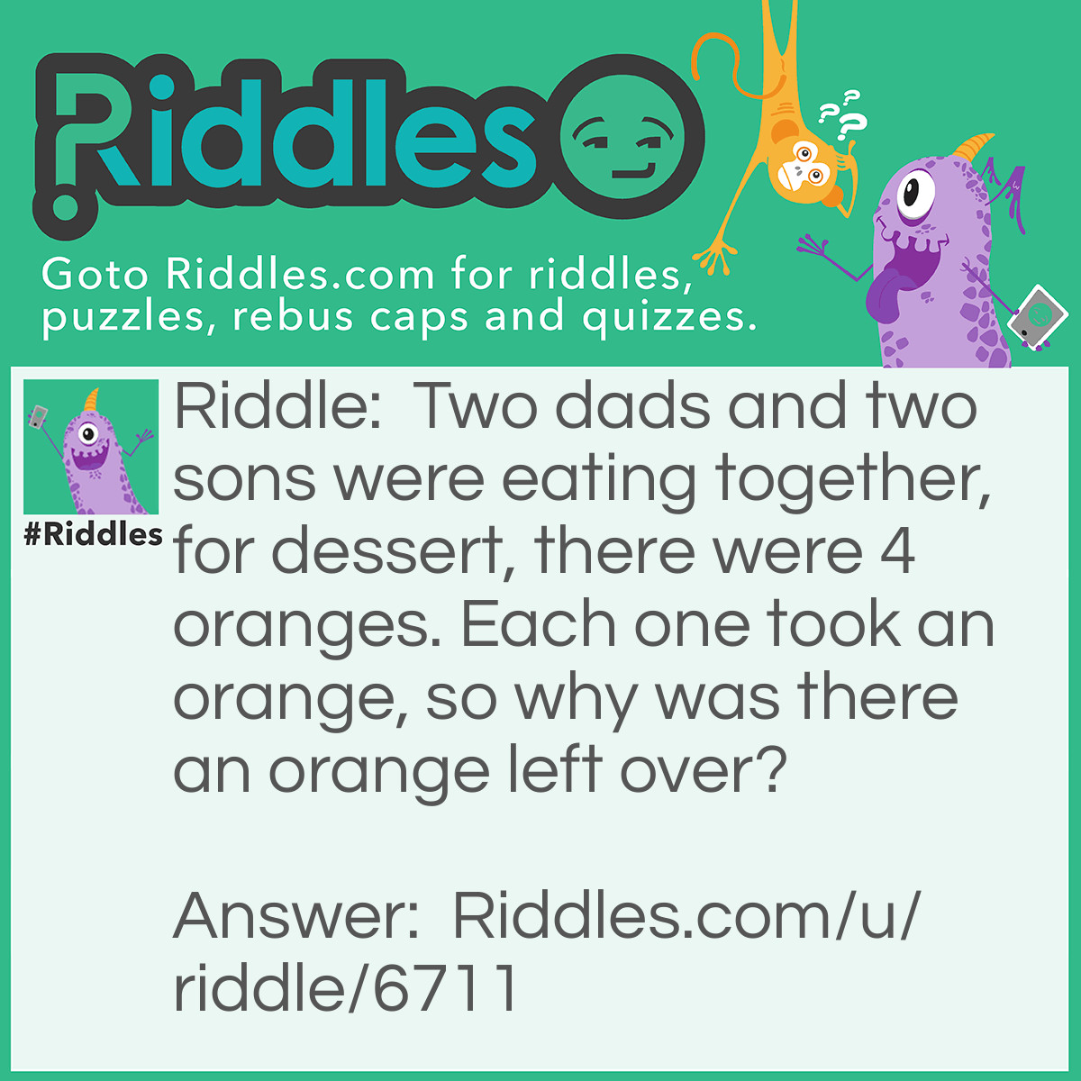 Riddle: Two dads and two sons were eating together, for dessert, there were 4 oranges. Each one took an orange, so why was there an orange left over? Answer: There were two dads and two sons, the Son was the son of the Father and the Father was the son of the Grandfather. The Grandfather was the father of the Father and the Father was the father of his son. That makes two sons and two dads, but actually, only three people were present.