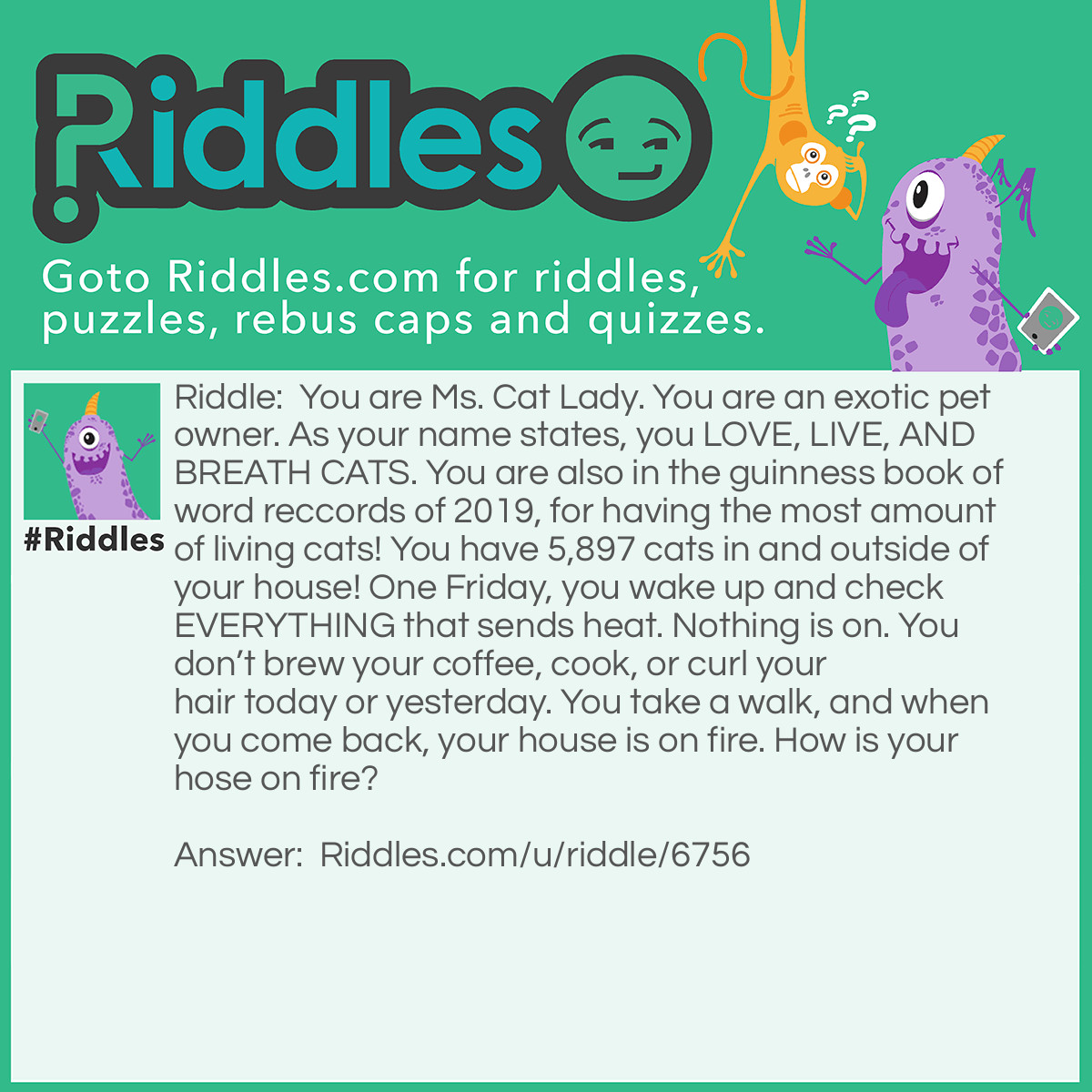 Riddle: You are Ms. Cat Lady. You are an exotic pet owner. As your name states, you LOVE, LIVE, AND BREATH CATS. You are also in the guinness book of word reccords of 2019, for having the most amount of living cats! You have 5,897 cats in and outside of your house! One Friday, you wake up and check EVERYTHING that sends heat. Nothing is on. You don't brew your coffee, cook, or curl your hair today or yesterday. You take a walk, and when you come back, your house is on fire. How is your hose on fire? Answer: You are an exotic pet owner. You have a dragon as one of your exotic pets. The dragon set your house on fire!!!