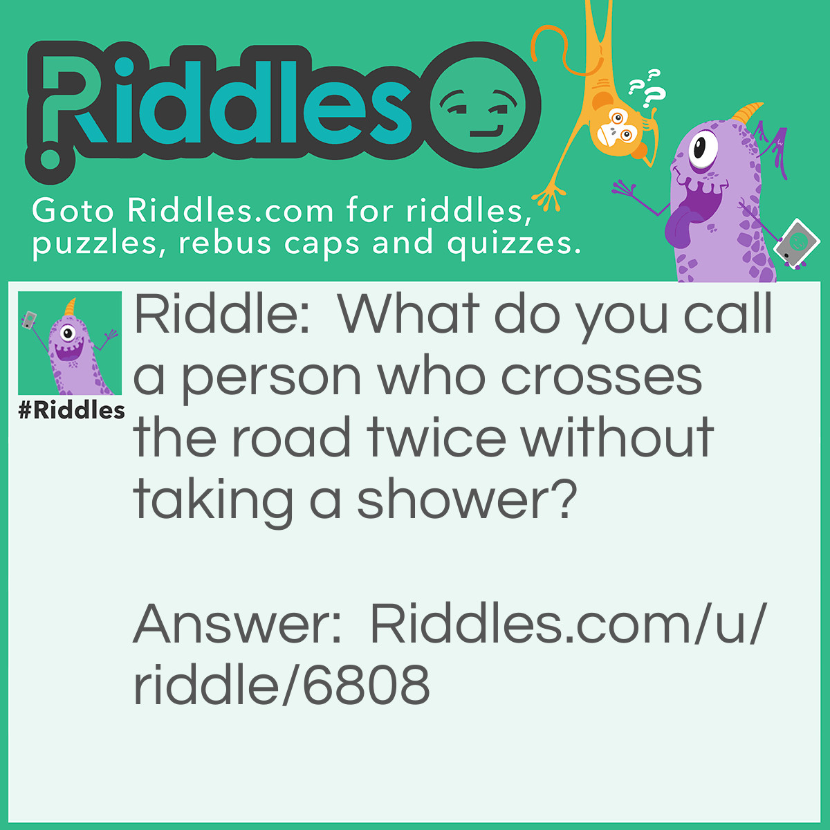 Riddle: What do you call a person who crosses the road twice without taking a shower? Answer: A dirty double crosser.
