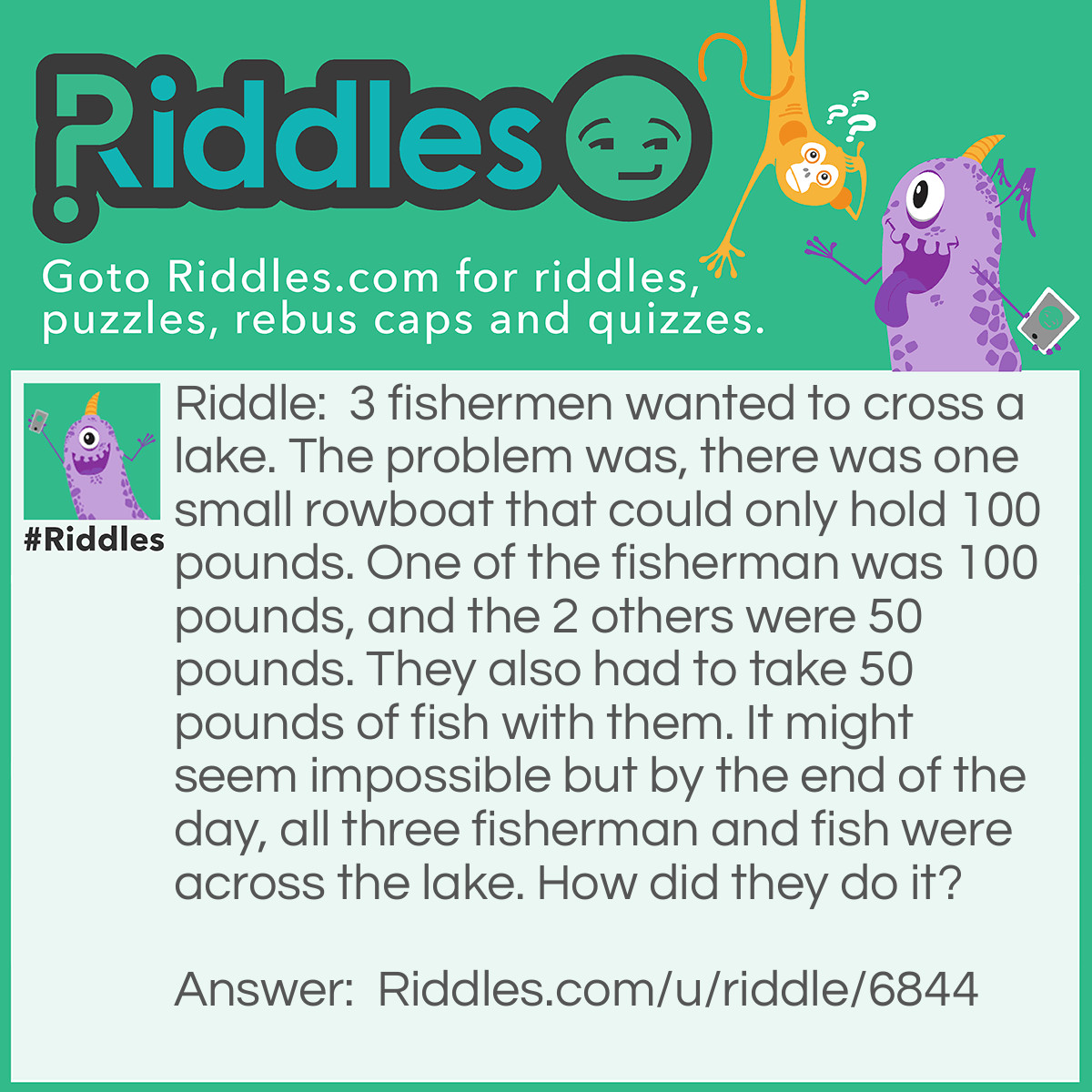 Riddle: 3 fishermen wanted to cross a lake. The problem was, there was one small rowboat that could only hold 100 pounds. One of the fisherman was 100 pounds, and the 2 others were 50 pounds. They also had to take 50 pounds of fish with them. It might seem impossible but by the end of the day, all three fisherman and fish were across the lake. How did they do it? Answer: One of the 50 pound fisherman crossed with the fish, then came back to grab the other 50 pound fisherman. They crossed together, leaving the 100 pound man alone on the other side. One of the 2 fifty pound men came back to the 100 pound man and stayed there. The 100 pound man crossed the lake. Finally, the fifty pound man that is now next to the 100 pound man crosses to get the last fisherman and crosses one last time to the other side of the lake.