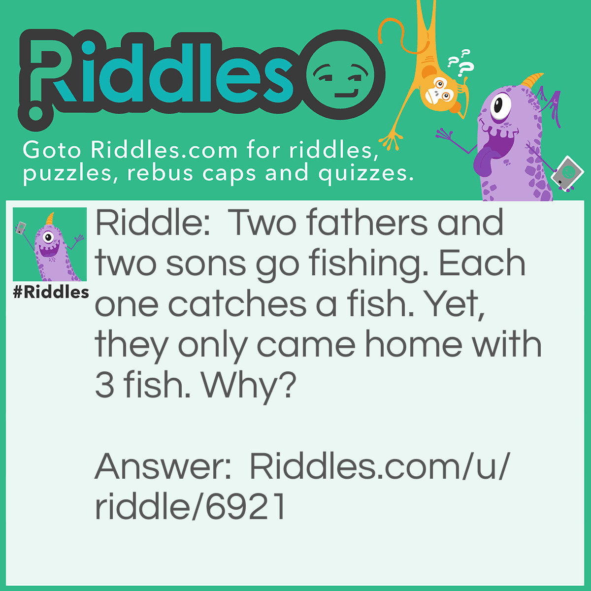 Riddle: Two fathers and two sons go fishing. Each one catches a fish. Yet, they only came home with 3 fish. Why? Answer: A son, his father and the grandfather went fishing. The father and the grandfather are both dads. The son and the father are both sons.