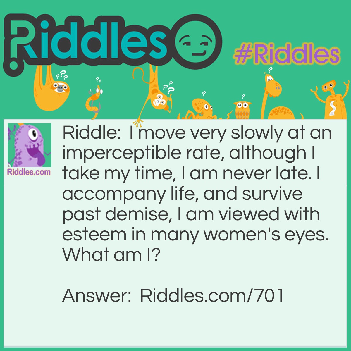 Riddle: I move very slowly at an imperceptible rate, although I take my time, I am never late. I accompany life, and survive past demise, I am viewed with esteem in many women's eyes.
What am I? Answer: I am your hair.