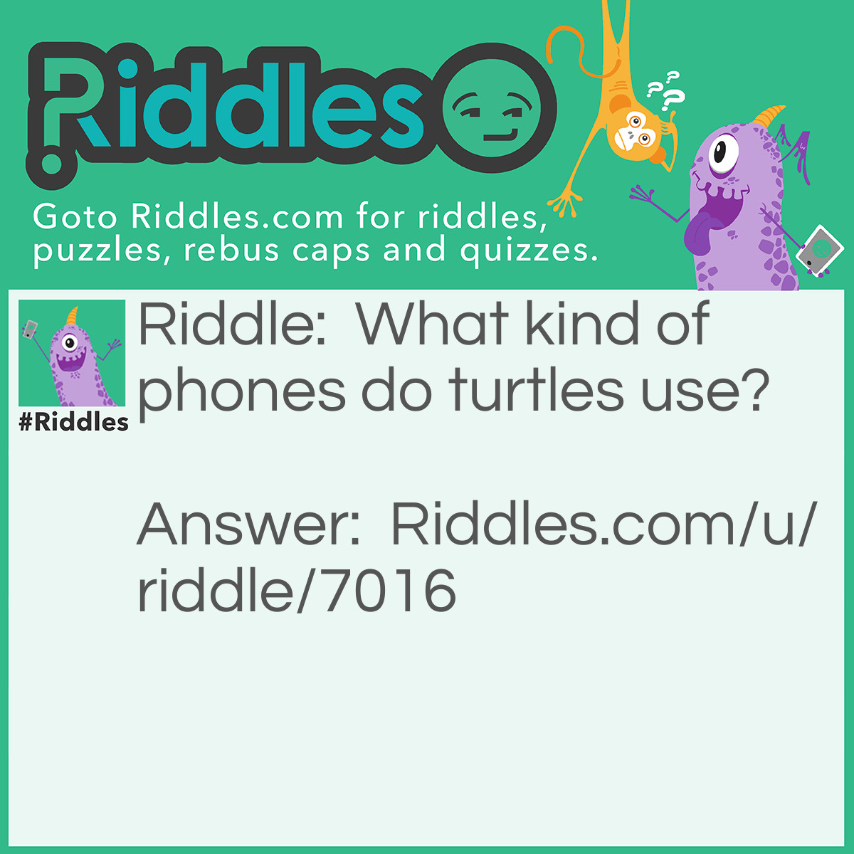 Riddle: What kind of phones do turtles use? Answer: Shell-ular Phones.