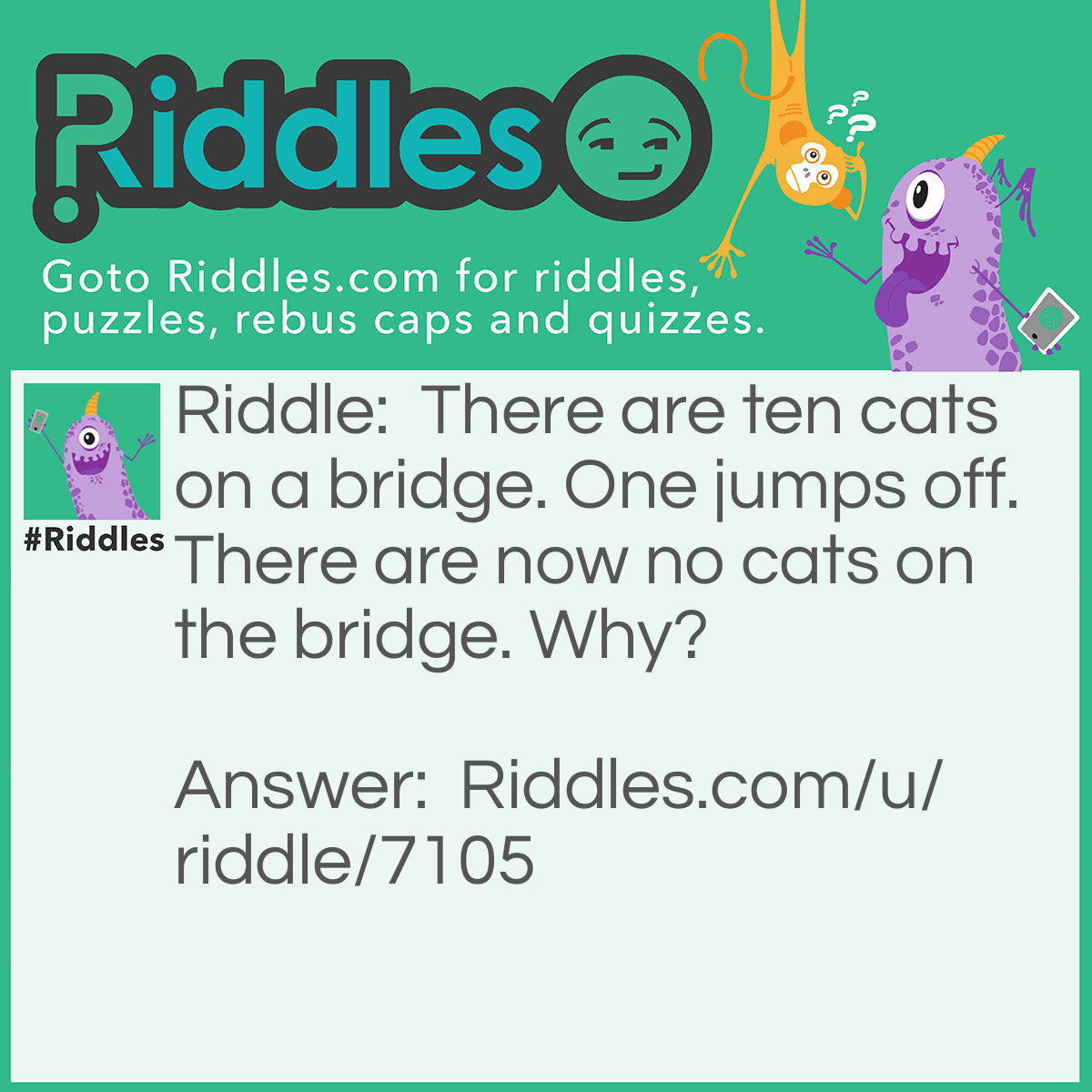 Riddle: There are ten cats on a bridge. One jumps off. There are now no cats on the bridge. Why? Answer: They’re copycats!