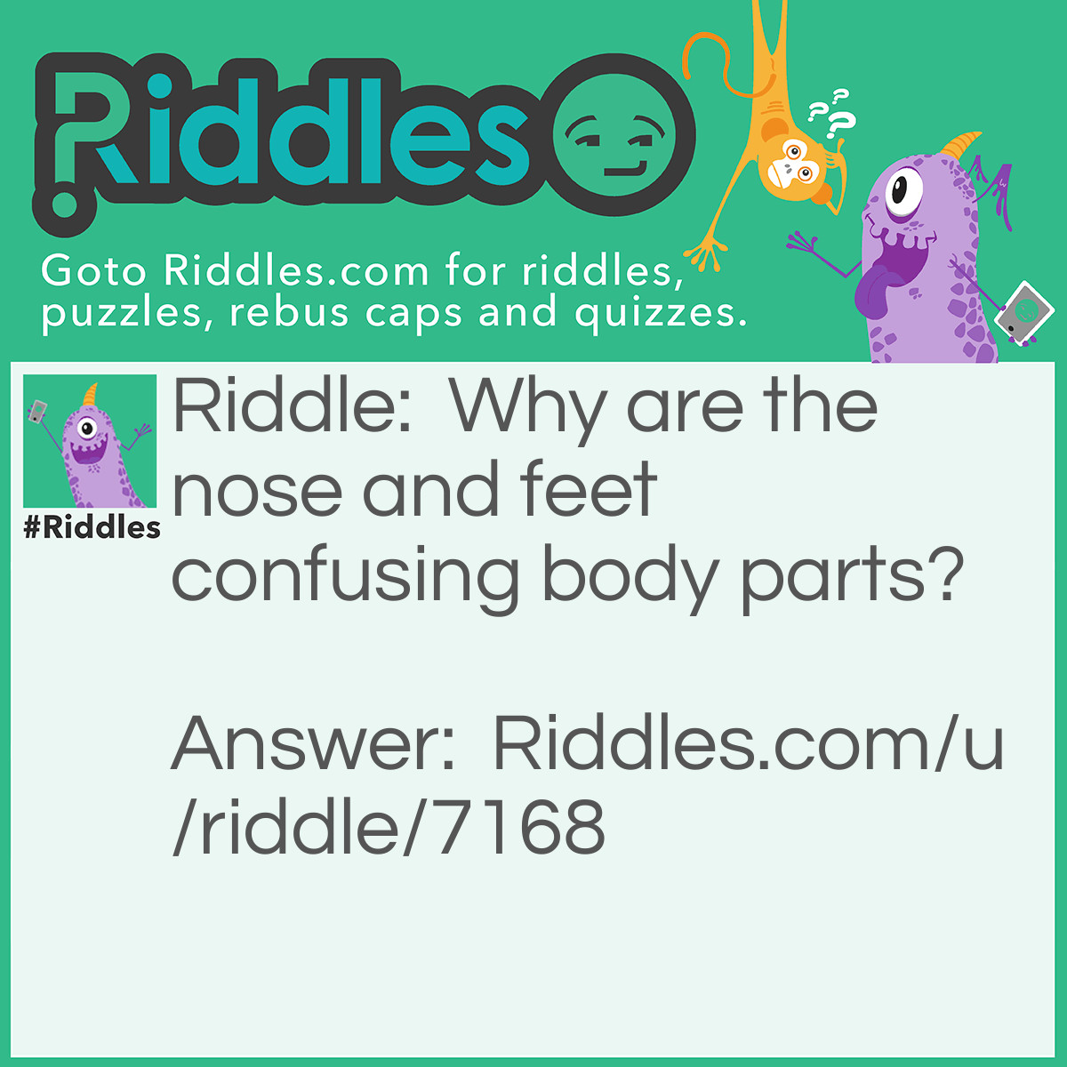 Riddle: Why are the nose and feet confusing body parts? Answer: Because the Nose runs and the feet smell!