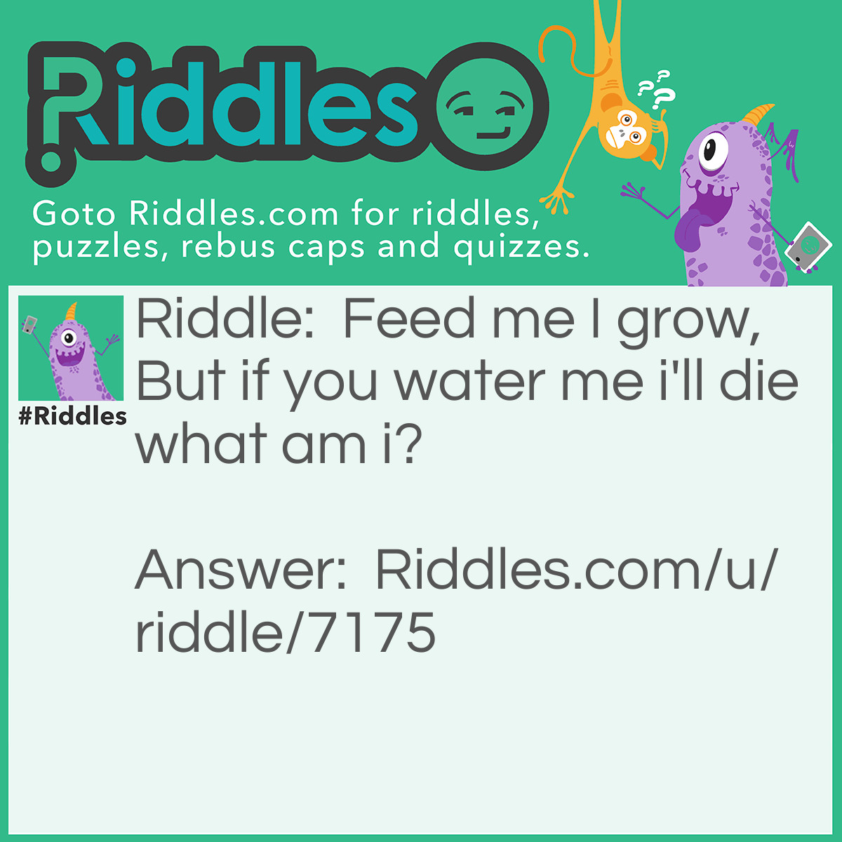 Riddle: Feed me I grow, But if you water me i'll die what am i? Answer: Fire.