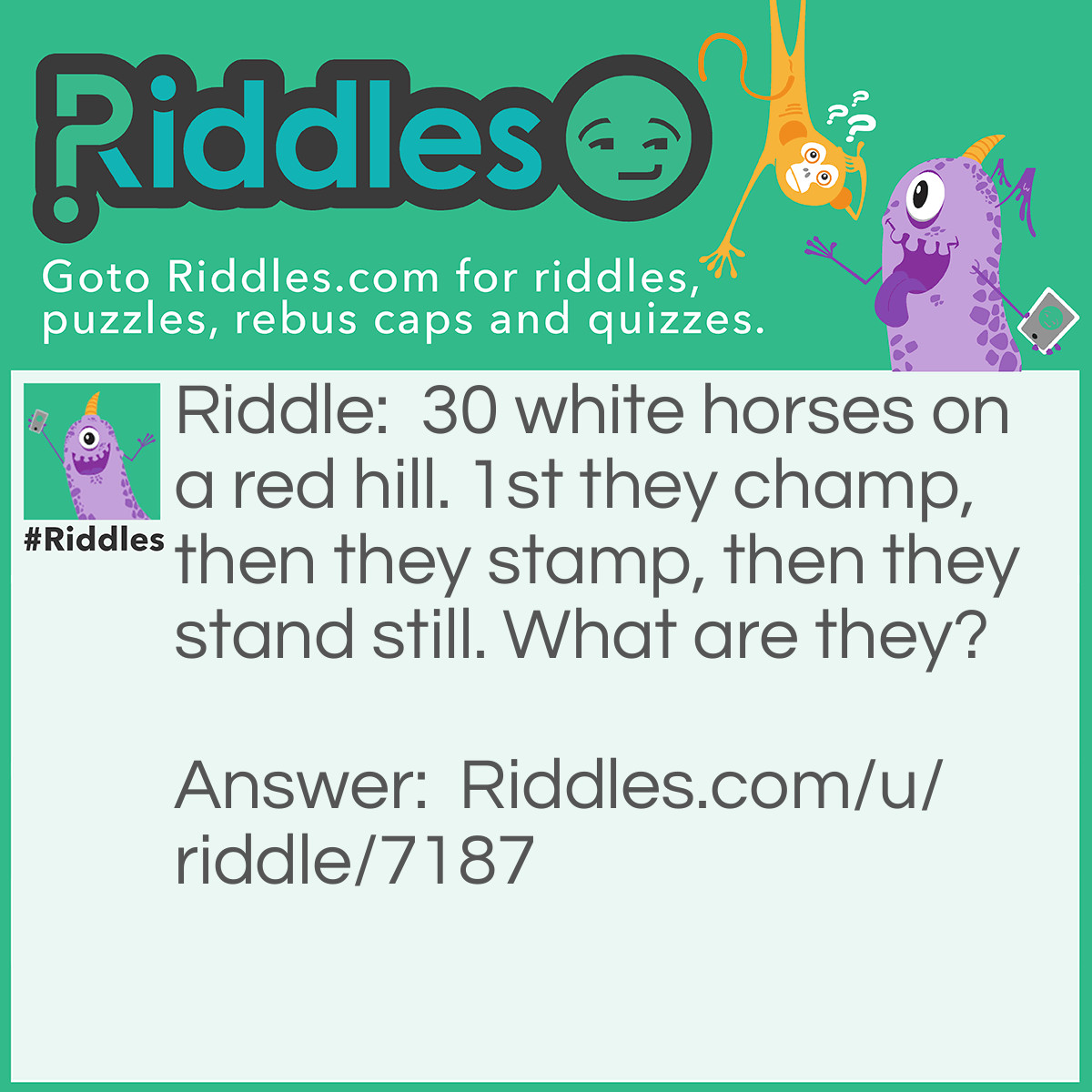 Riddle: 30 white horses on a red hill. 1st they champ, then they stamp, then they stand still. What are they? Answer: Teeth.