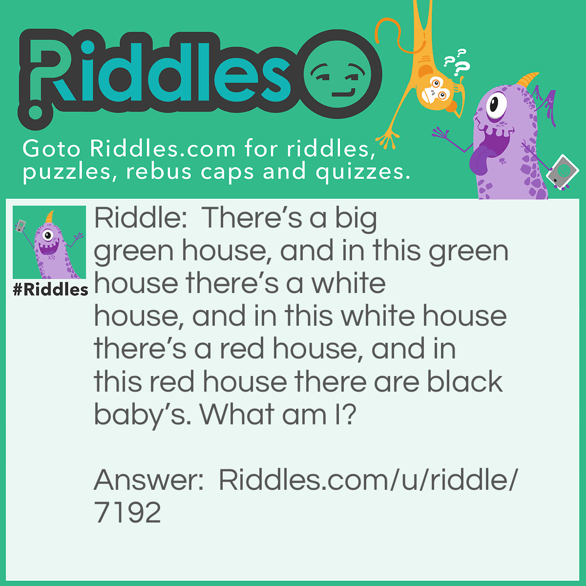 Riddle: There's a big green house, and in this green house there's a white house, and in this white house there's a red house, and in this red house there are black baby's. What am I? Answer: Watermelon.