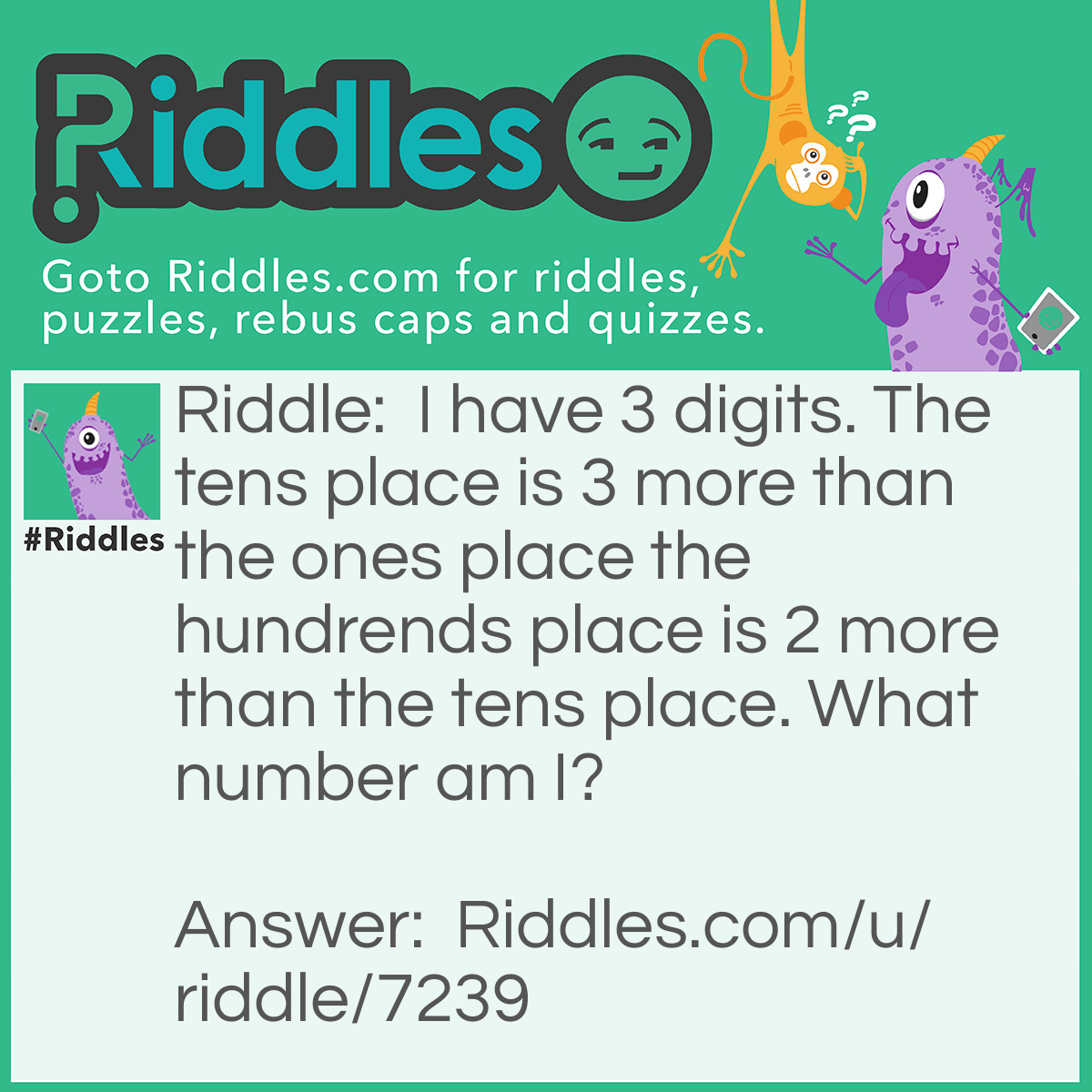 Riddle: I have 3 digits. The tens place is 3 more than the ones place the hundrends place is 2 more than the tens place. What number am I? Answer: 863!