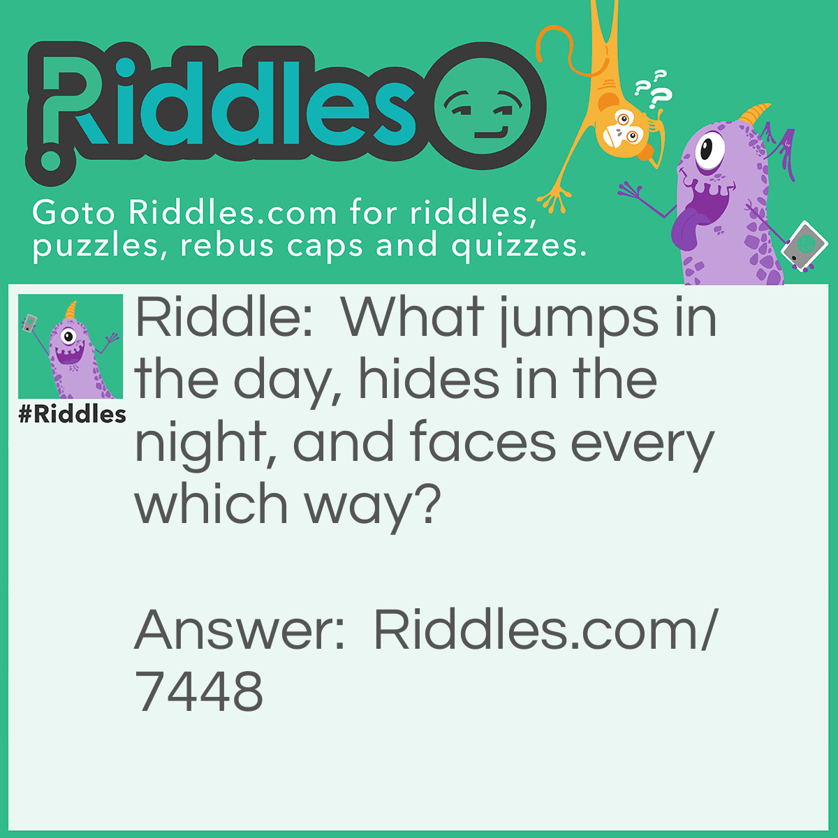 Riddle: What jumps in the day, hides in the night, and faces every which way? Answer: A shadow.