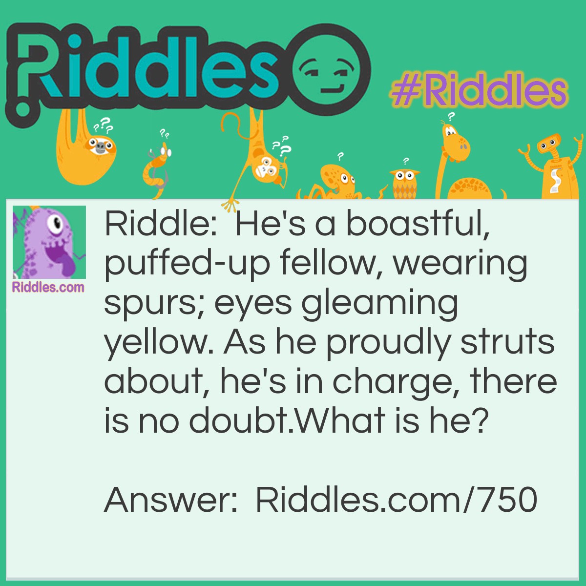Riddle: He's a boastful, puffed-up fellow, wearing spurs; eyes gleaming yellow. As he proudly struts about, he's in charge, there is no doubt.
What is he? Answer: He is a Rooster.