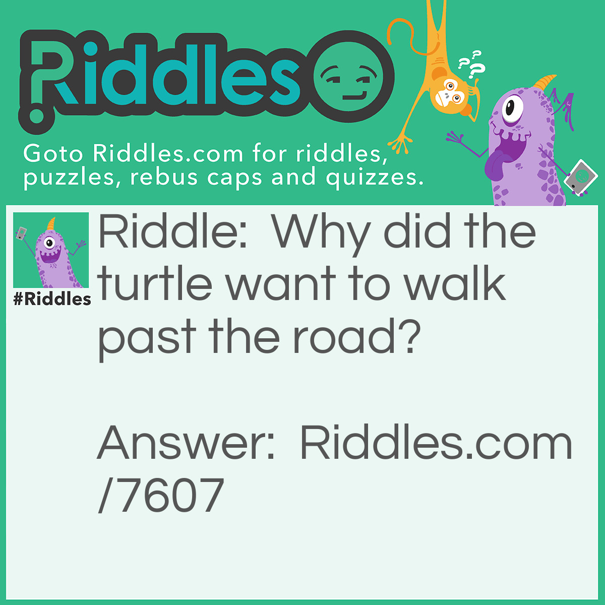 Riddle: Why did the turtle want to walk past the road? Answer: Because he wanted to go to shell station.
