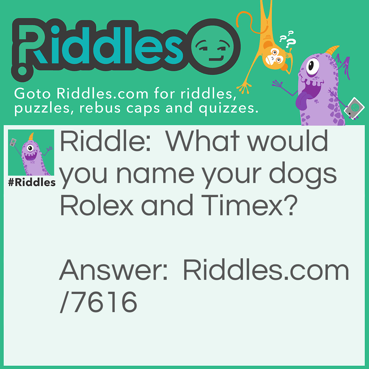 Riddle: What would you name your dogs Rolex and Timex? Answer: If you needed some watch dogs!
