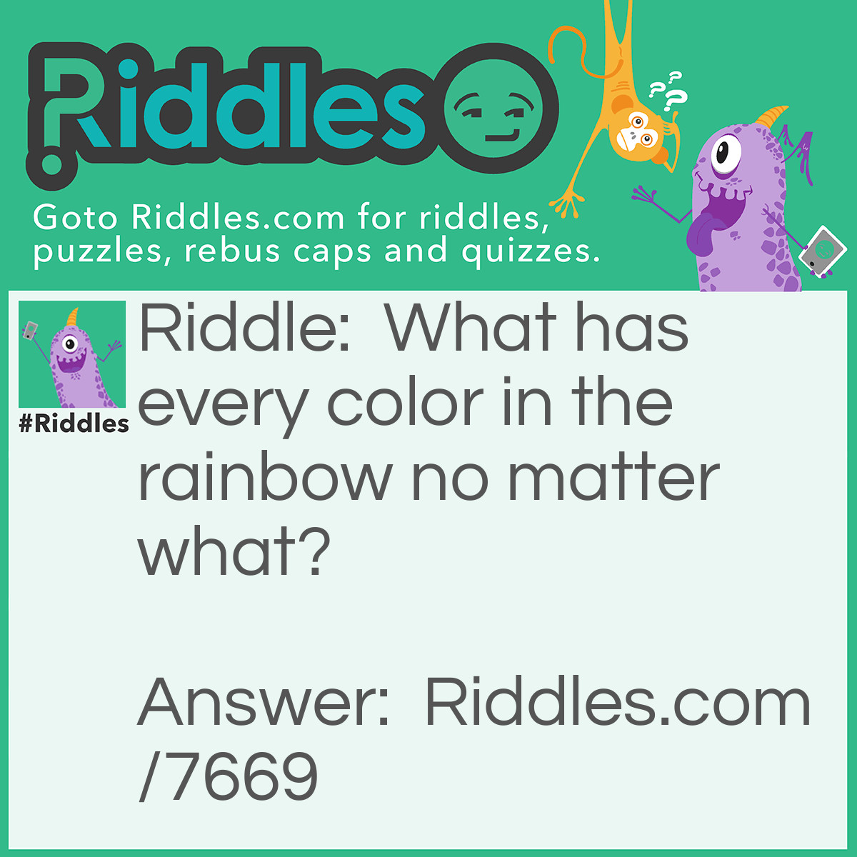 Riddle: What has every color in the rainbow no matter what? Answer: A rainbow.