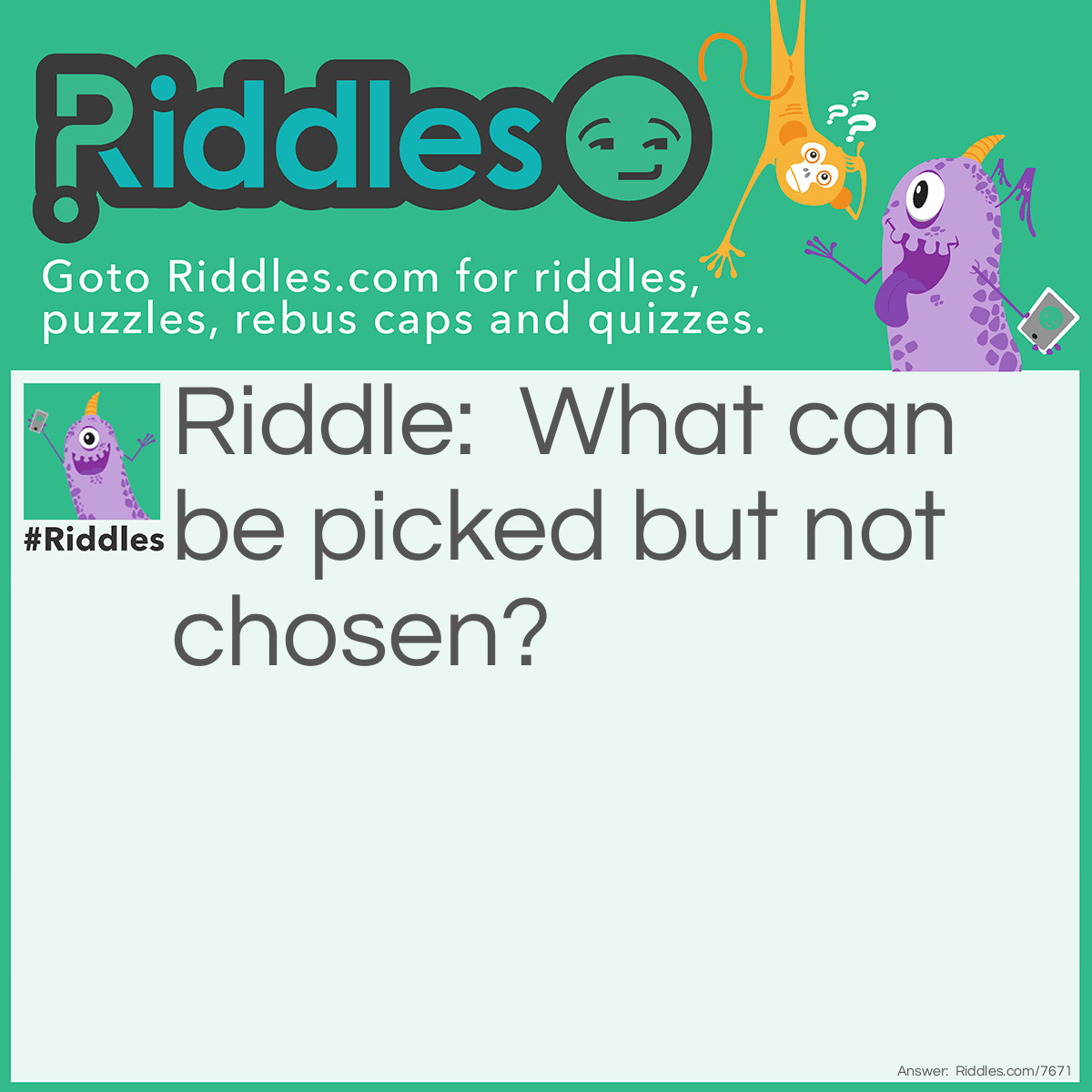Riddle: What can be picked but not chosen? Answer: A nose.