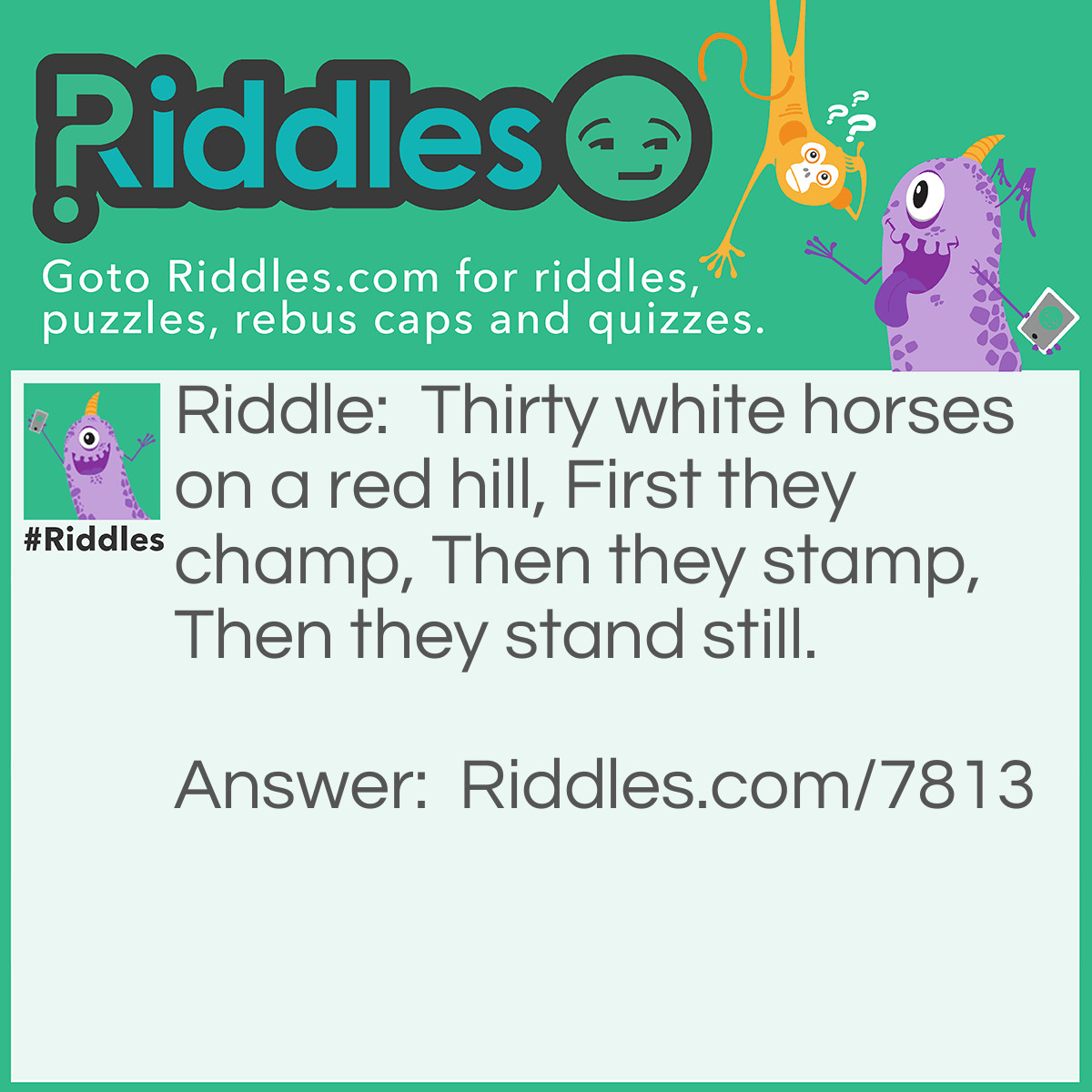 Riddle: Thirty white horses on a red hill, First they champ, Then they stamp, Then they stand still. Answer: Teeth