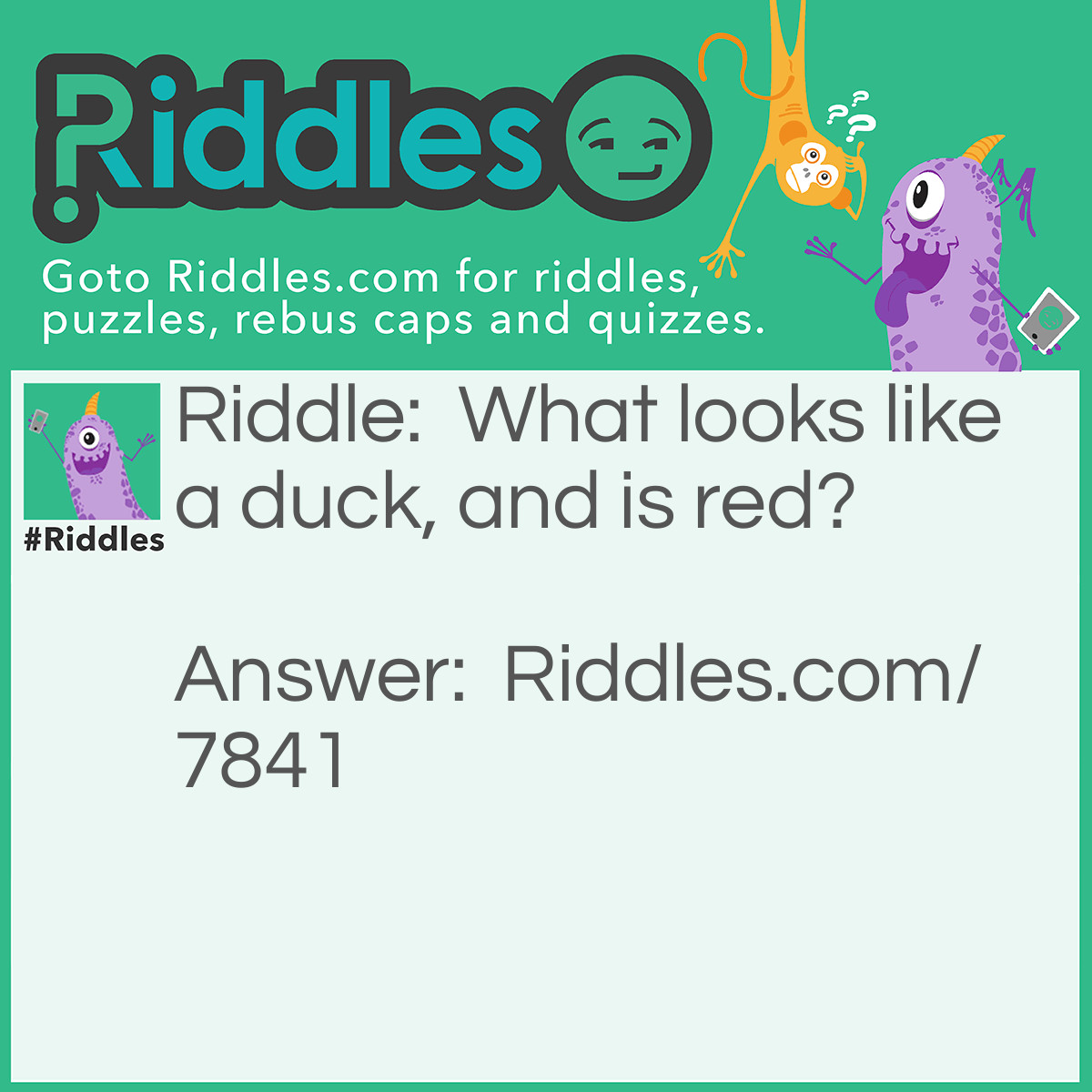 Riddle: What looks like a duck, and is red? Answer: A RED DUCK.