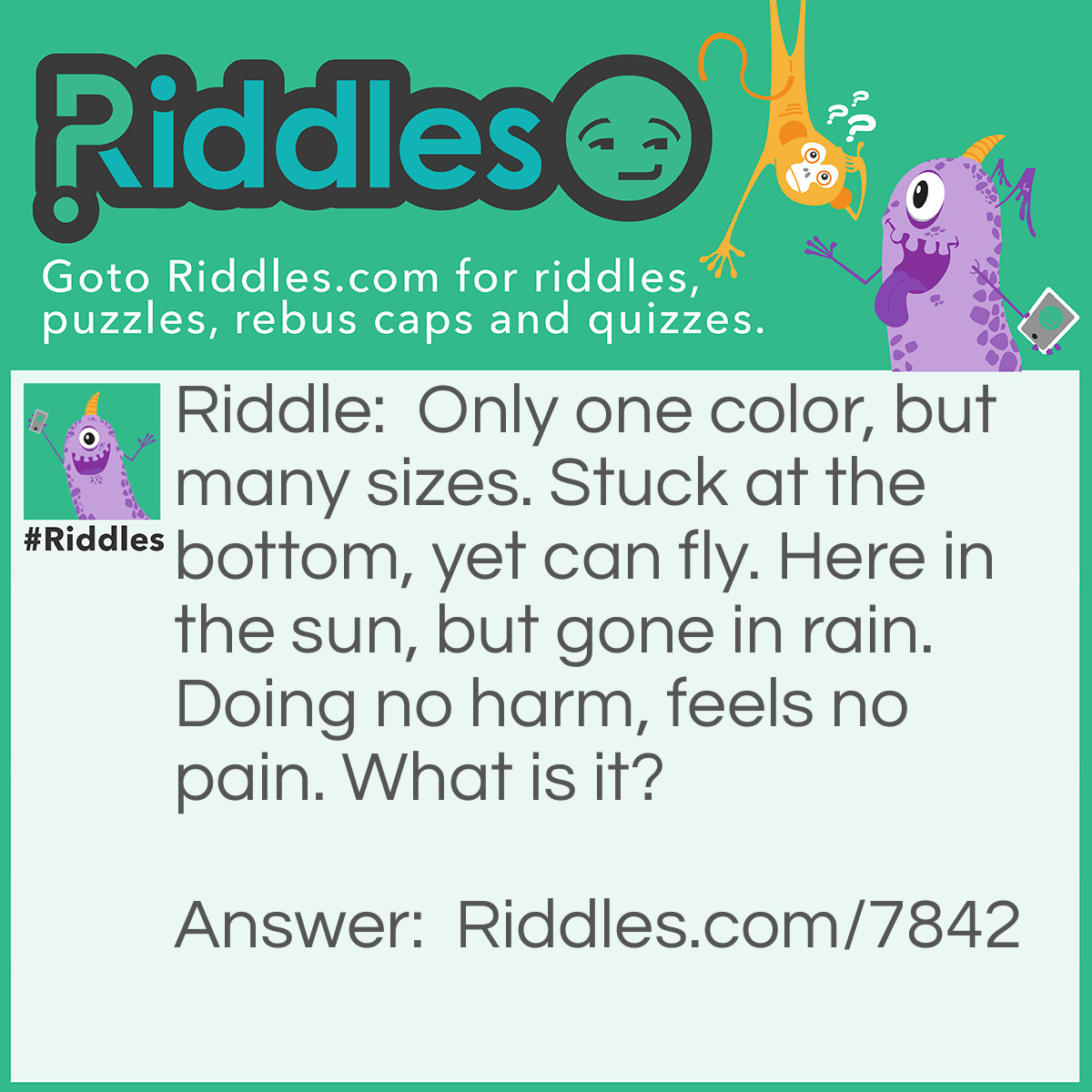 Riddle: Only one color, but many sizes. Stuck at the bottom, yet can fly. Here in the sun, but gone in rain. Doing no harm, feels no pain. What is it? Answer: A Shadow.