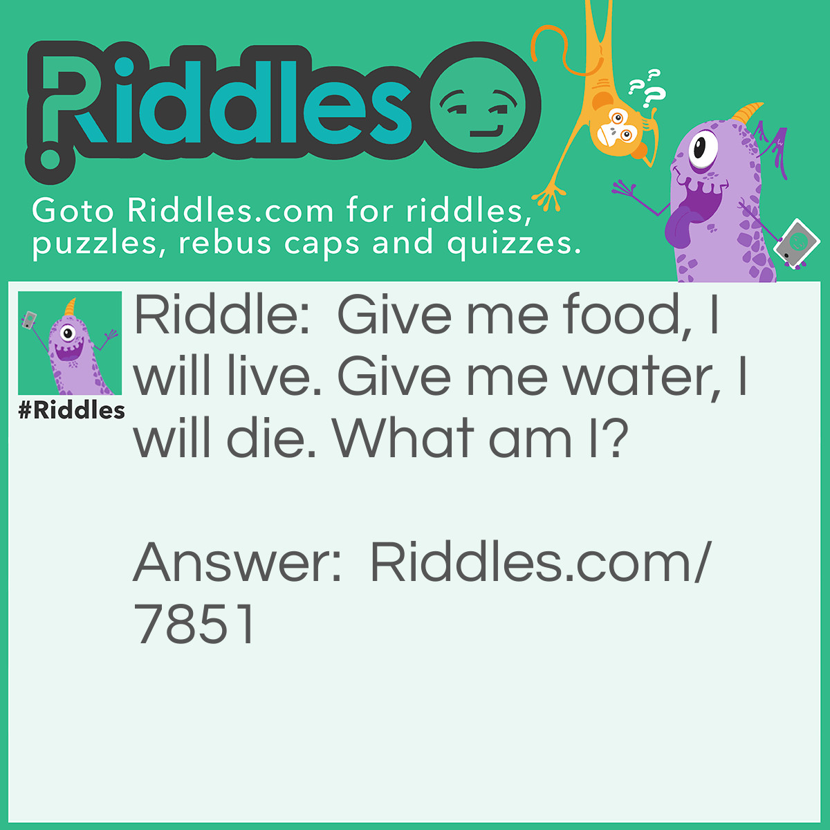 Riddle: Give me food, I will live. Give me water, I will die. What am I? Answer: Fire