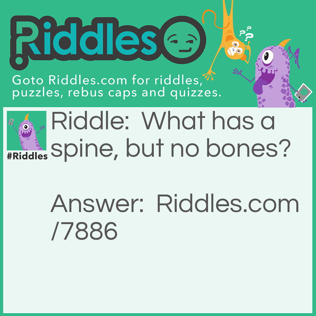 Riddle: What has a spine, but no bones? Answer: A book.