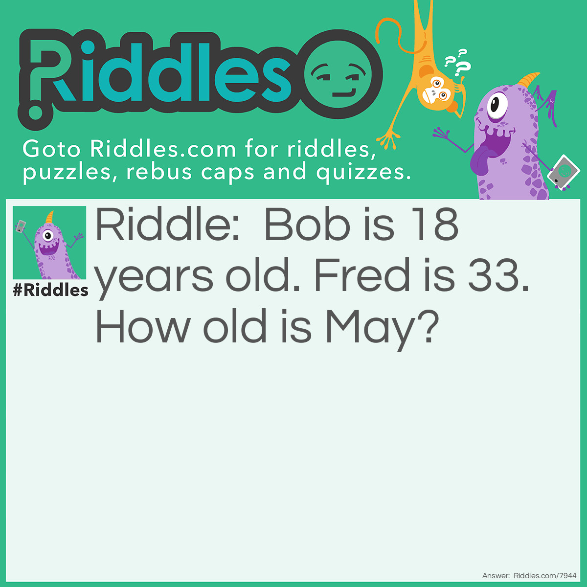 Riddle: Bob is 18 years old. Fred is 33. How old is May? Answer: May is 39. For each person, you need to know witch letter of the alphabet the letters in their name are. If you add the numbers, you get their age.