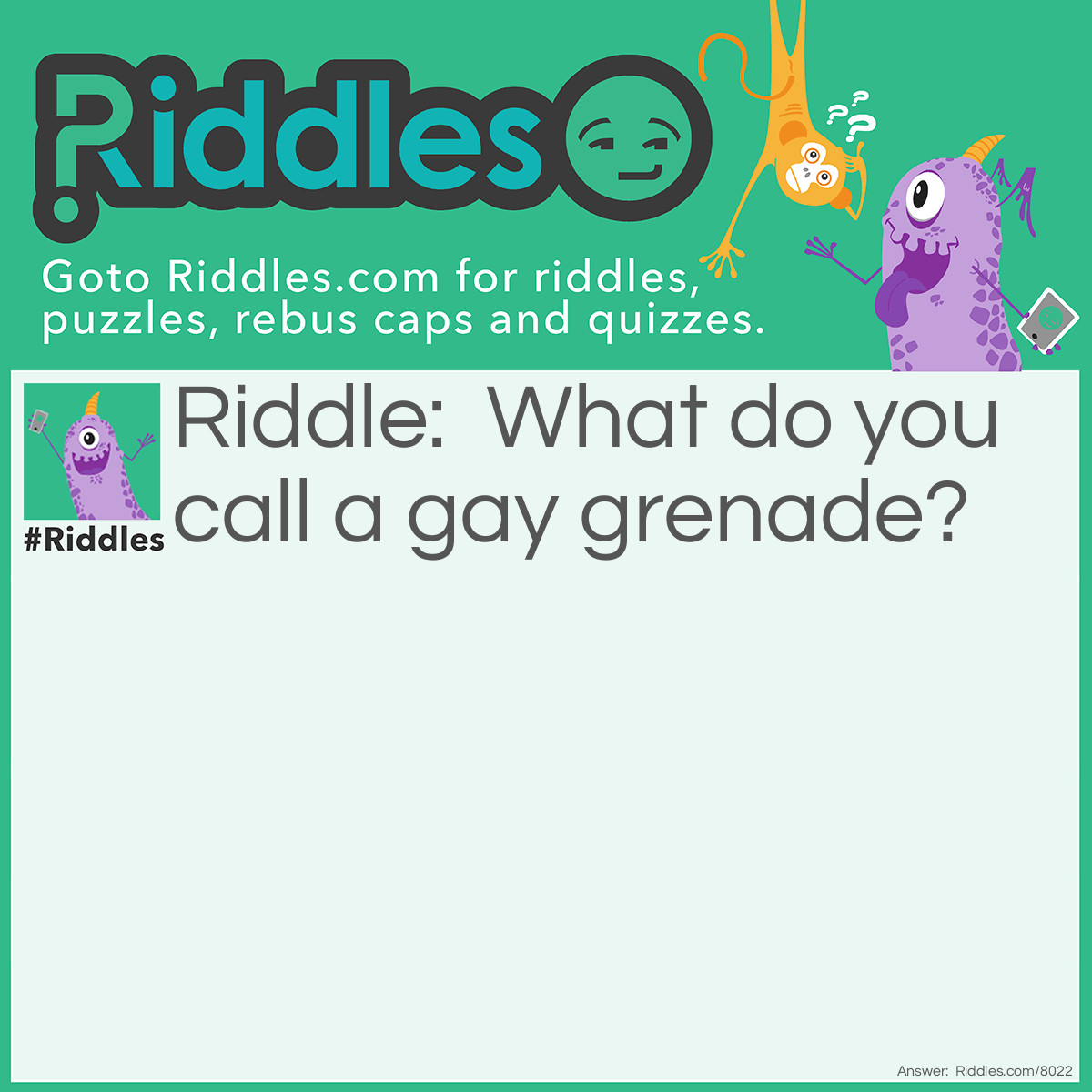 Riddle: What do you call a gay grenade? Answer: A fraget!