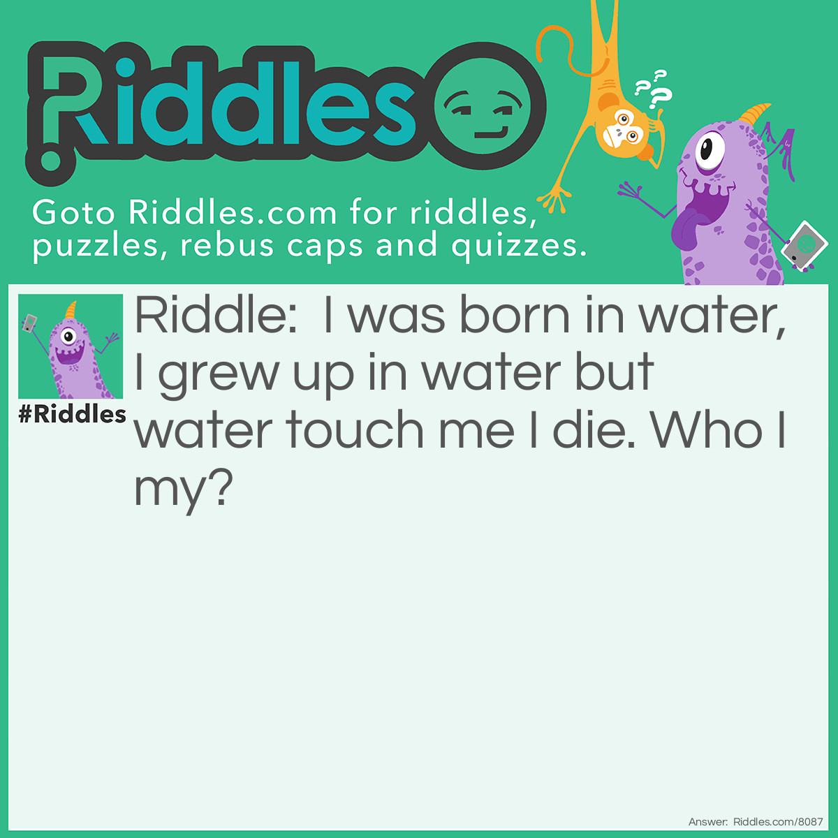 Riddle: I was born in water, I grew up in water but water touch me I die. Who I my? Answer: Salt.